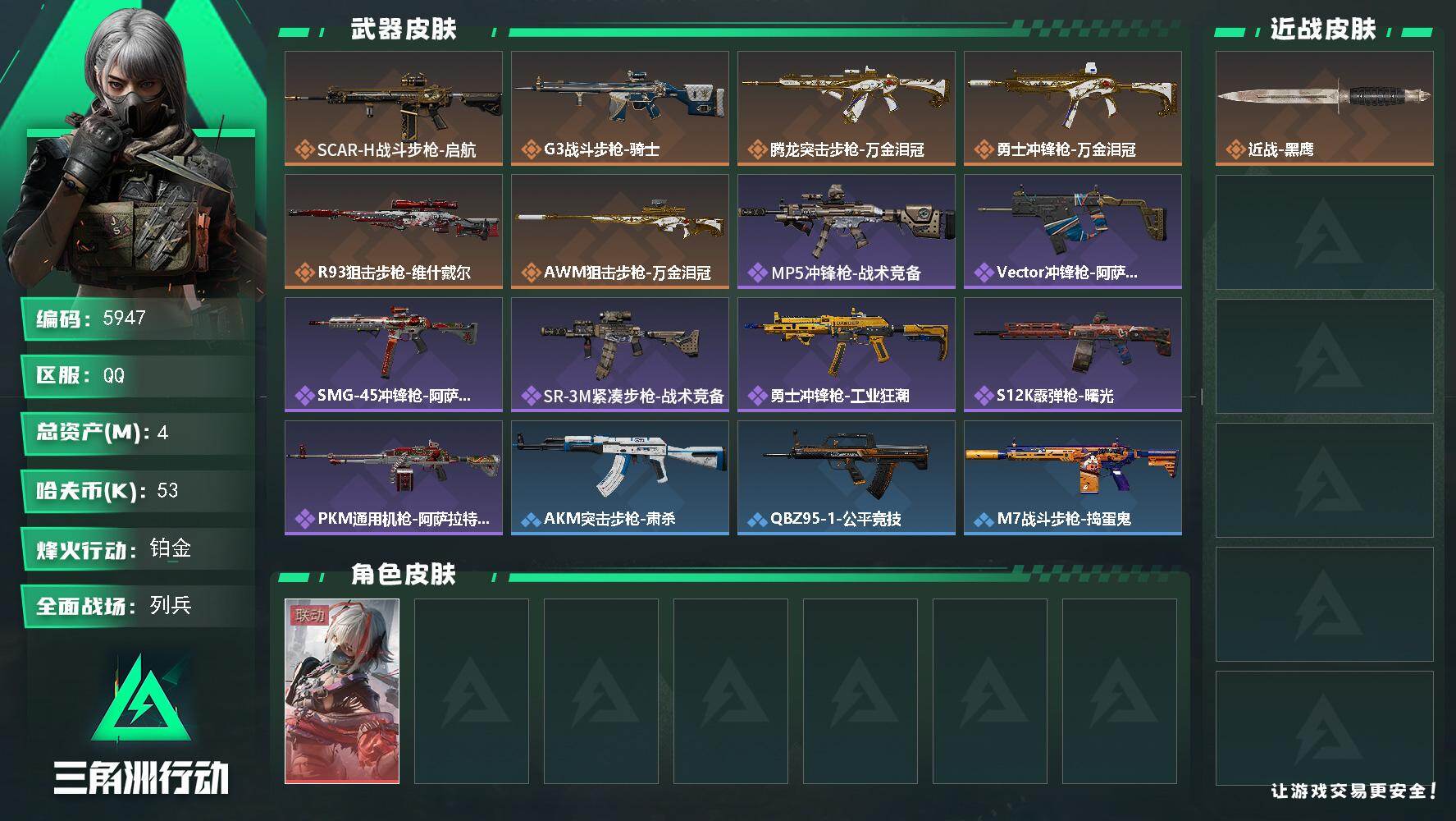 三角洲行动账号QQPX_2604387-4m总资产-53k哈夫币-40烽火等级-铂金-9战场等级-列兵
【干员外观】：骇爪-维什戴尔
【近战皮肤】：近战-黑鹰
【传说外观】：SCAR-H战斗步枪-启航，G3战