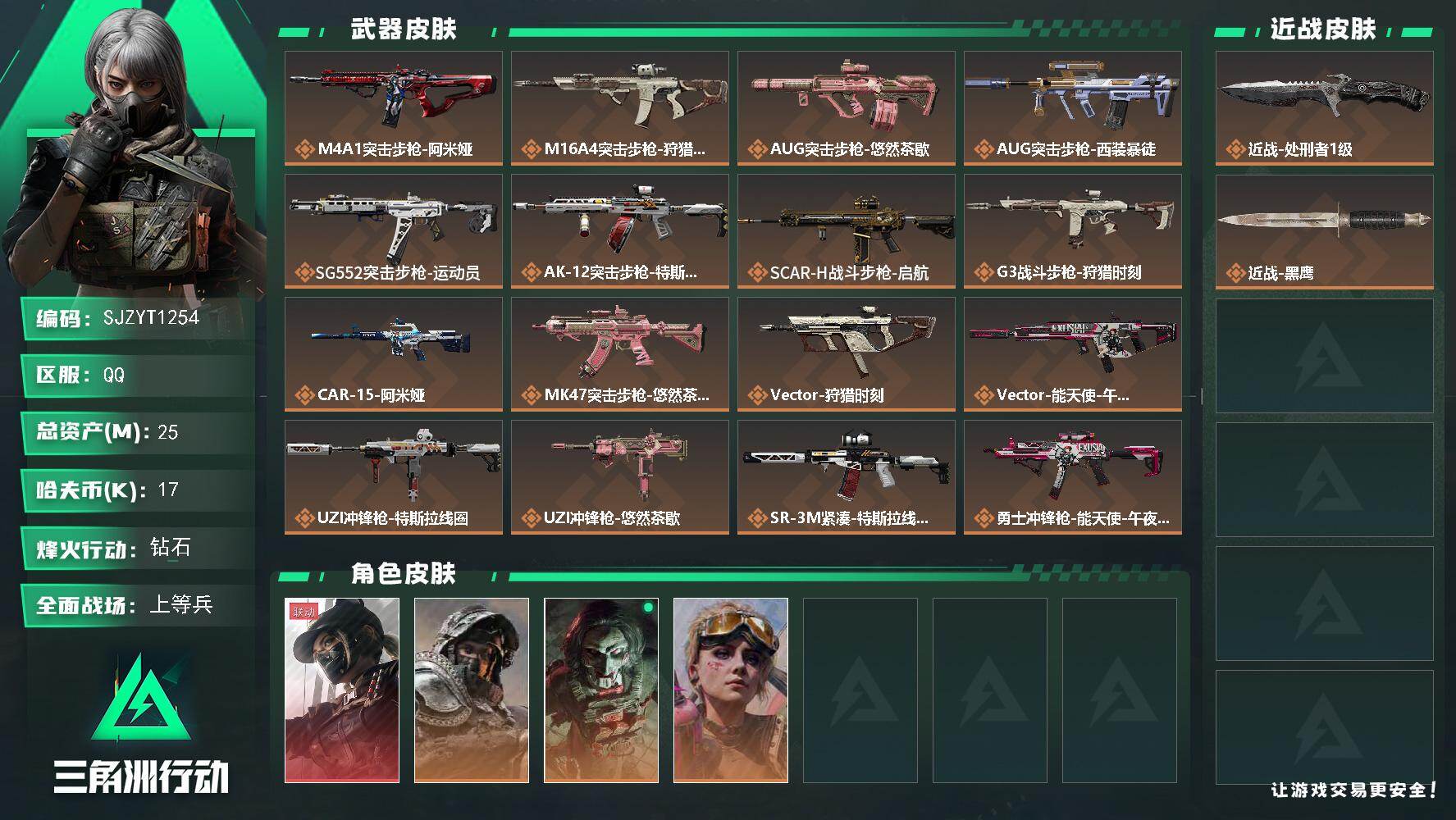 三角洲行动账号QQ【SJZYT1254】总资产25M/哈夫币1万/传说近战数1/干员外观数4/传说枪皮数18/战场等级