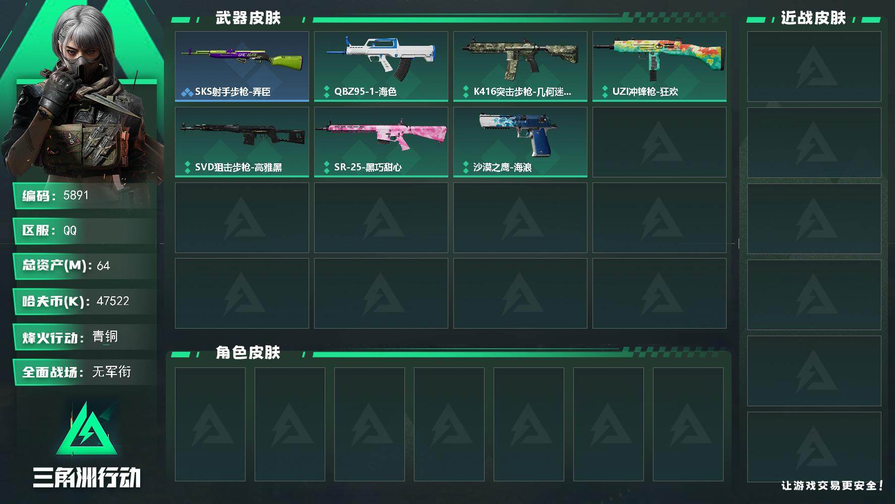 三角洲行动账号QQPX_2602520-64m总资产-47522k哈夫币-40烽火等级-青铜-1战场等级-无军衔
【稀有外观】：SCAR-H战斗步枪-猛攻，QJB201轻机枪-猛攻，SKS射手步枪-弄臣
【普