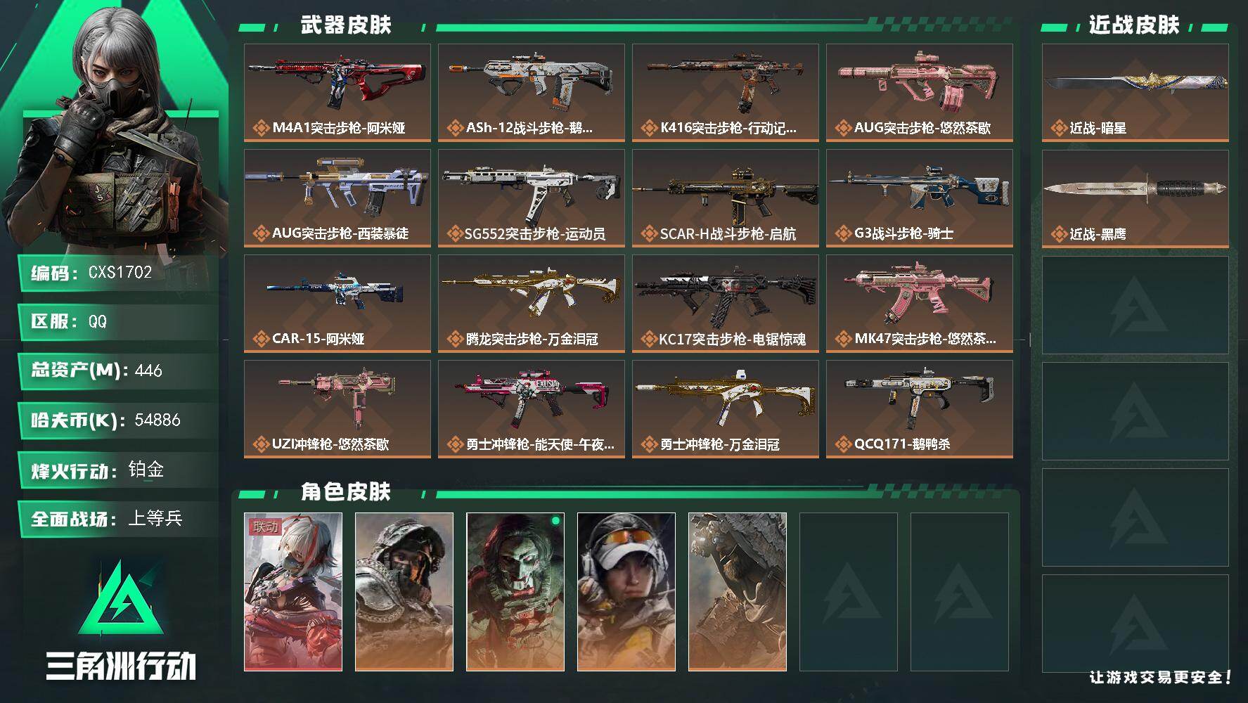 三角洲行动账号QQ3146482CX，(1红，1刀，0砖)，【烽火60级，总资产446M，现金54M，满仓6套171发