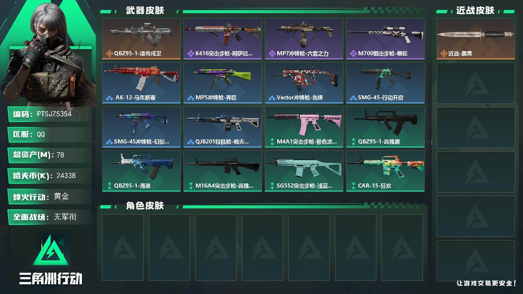 三角洲行动账号QQ【PTSJZ5354】总资产78M/哈夫币2433万/传说枪皮数1/战场等级1/行动等级54/安全箱