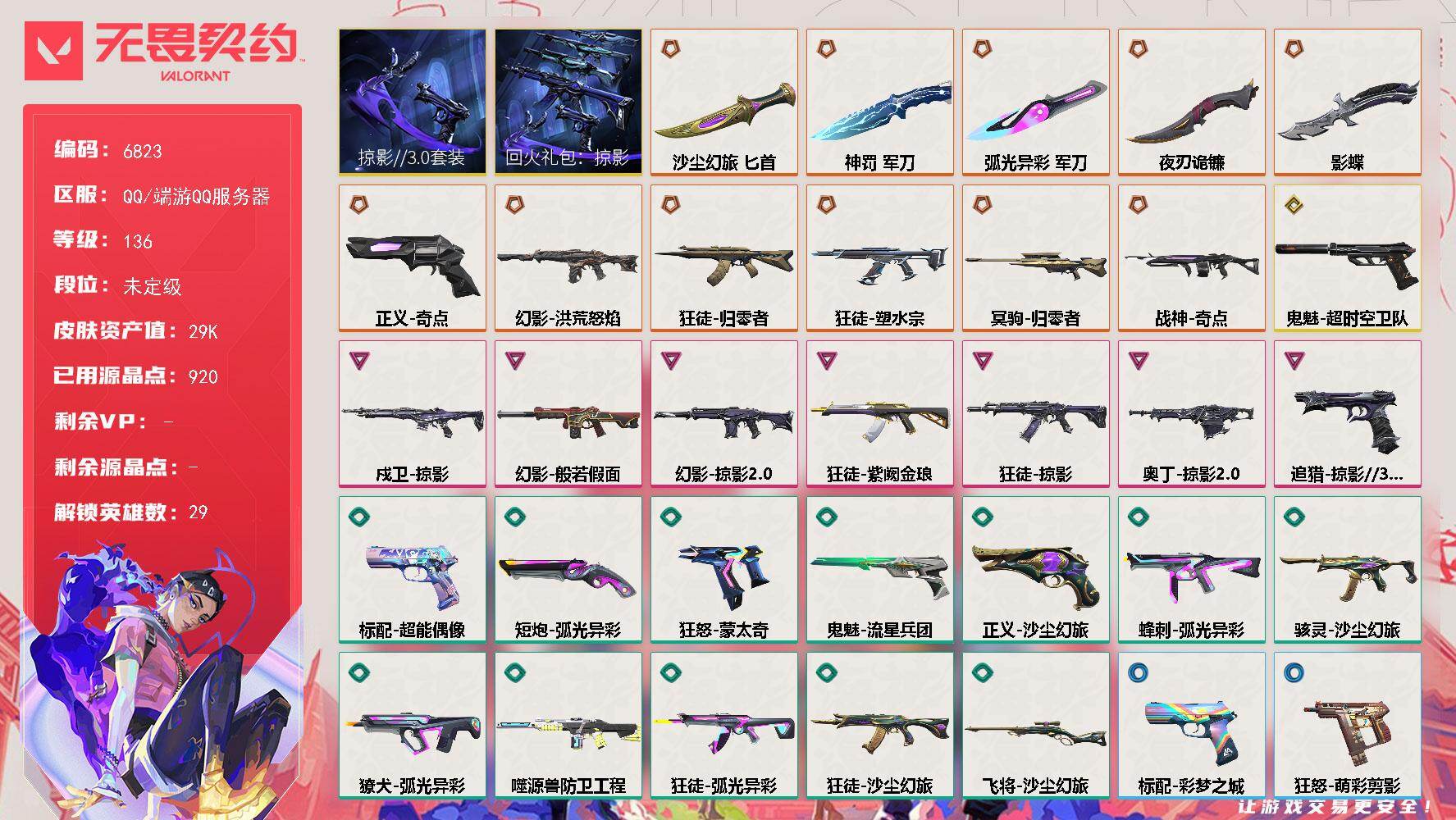 无畏契约账号QQLV等级136/皮肤总价值29200/段位未定级/总皮肤数量65/刀皮数量5/枪皮数量60/套装数量2/具体详情请看图/回火礼包：掠影套装/掠影//3.0套装/幻棱/炼狱/维斯/暮蝶/钛狐/壹决/铁臂
