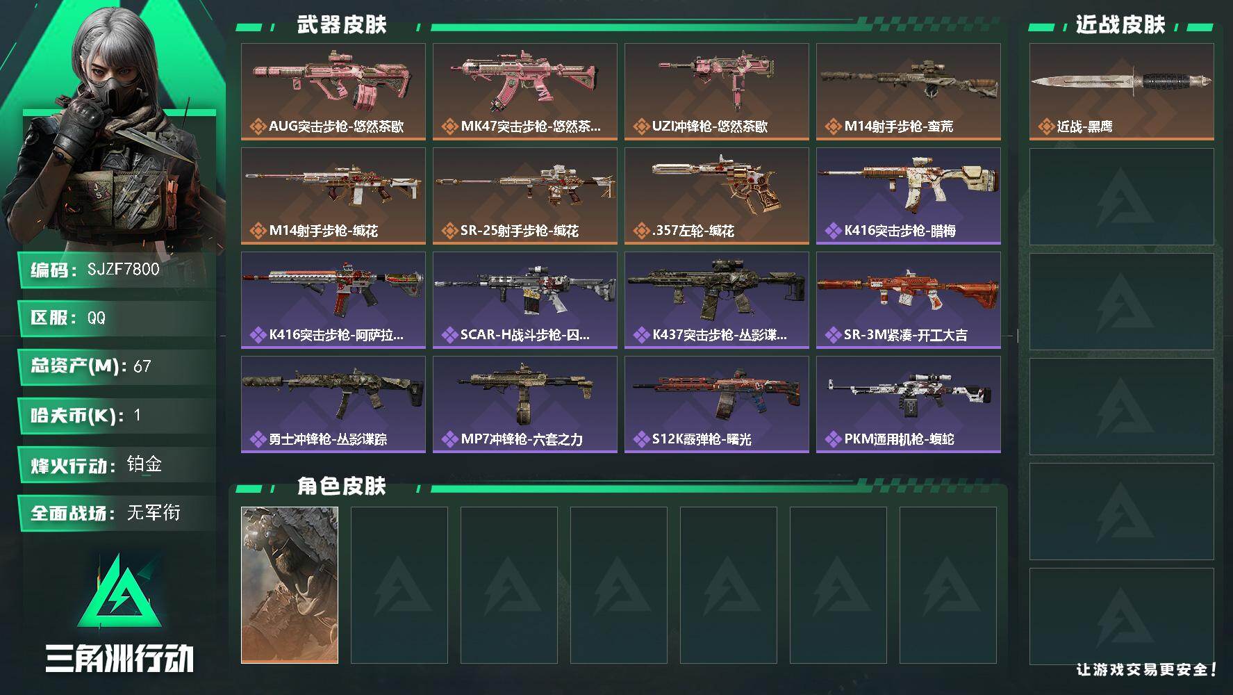 三角洲行动账号QQ【SJZF7800】总资产67M/哈夫币0万/干员外观数1/传说枪皮数7/战场等级1/行动等级60/安全箱等时效性道具以游戏内数据为准，详情请看图/乌鲁鲁-荒原猎手/近战-黑鹰/AUG突击步枪-悠然