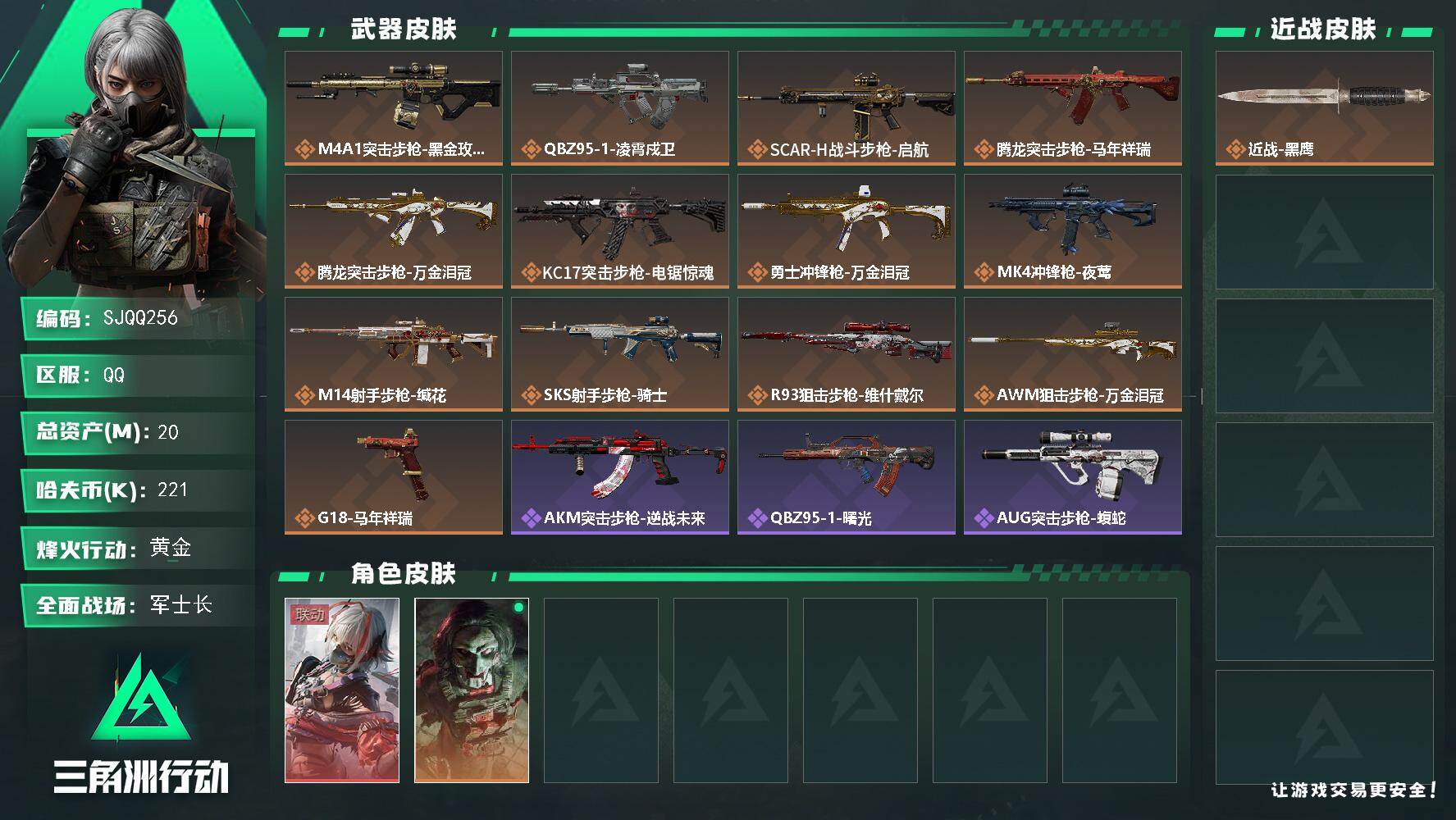 三角洲行动账号QQ【SJQQ256】总资产20M/哈夫币22万/干员外观数2/传说枪皮数13/战场等级38/行动等级38/安全箱等时效性道具以游戏内数据为准，详情请看图/骇爪-维什戴尔/红狼-电锯惊魂/近战-黑鹰/M