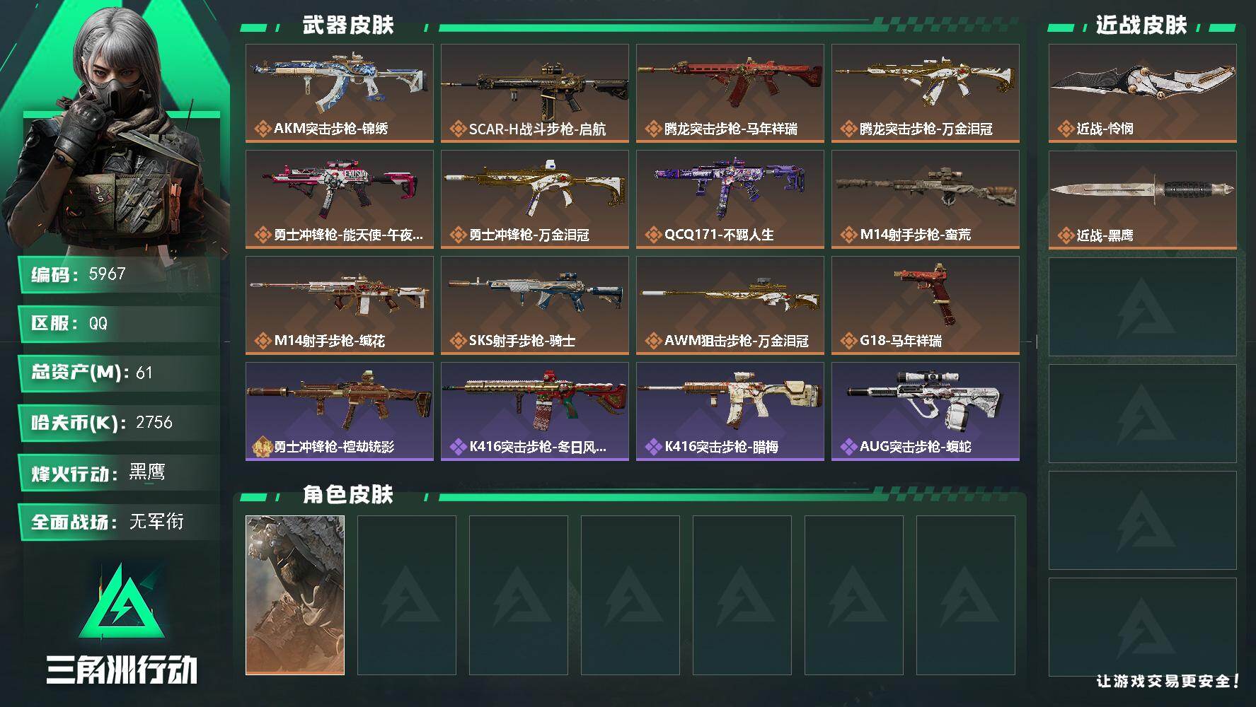 三角洲行动账号QQPX_2605815-61m总资产-2756k哈夫币-60烽火等级-黑鹰-4战场等级-无军衔
【干员外观】：乌鲁鲁-荒原猎手
【近战皮肤】：近战-怜悯，近战-黑鹰
【传说外观】：AKM突击步