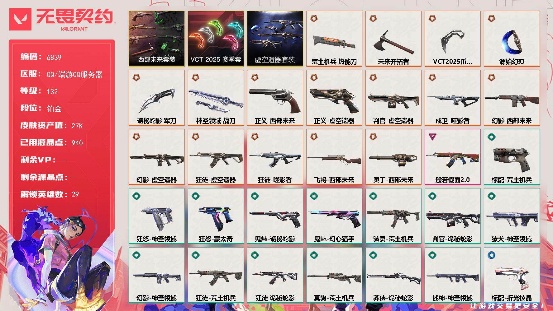 无畏契约账号QQLV等级132/皮肤总价值27330/段位铂金/总皮肤数量57/刀皮数量6/枪皮数量51/套装数量3/具体详情请看图/虚空遗器 礼包/VCT 2025 赛季 礼包/西部未来 礼包/幻棱/炼狱/维斯/暮