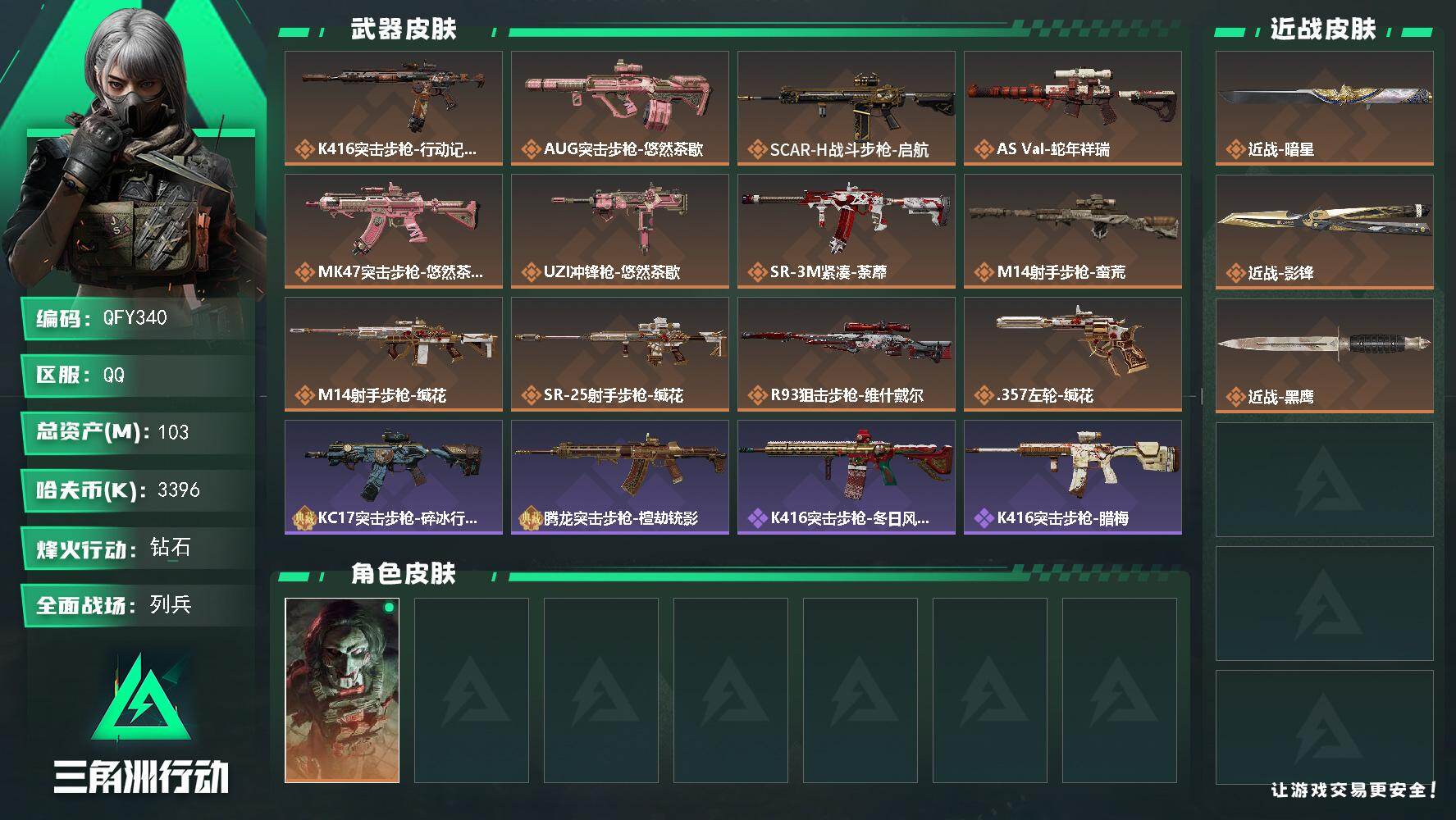 三角洲行动账号QQQFY340/QQ区/【0封+高资产103M+2刀皮+超高爆率+仓库超多大红+65发AWM子弹】【总