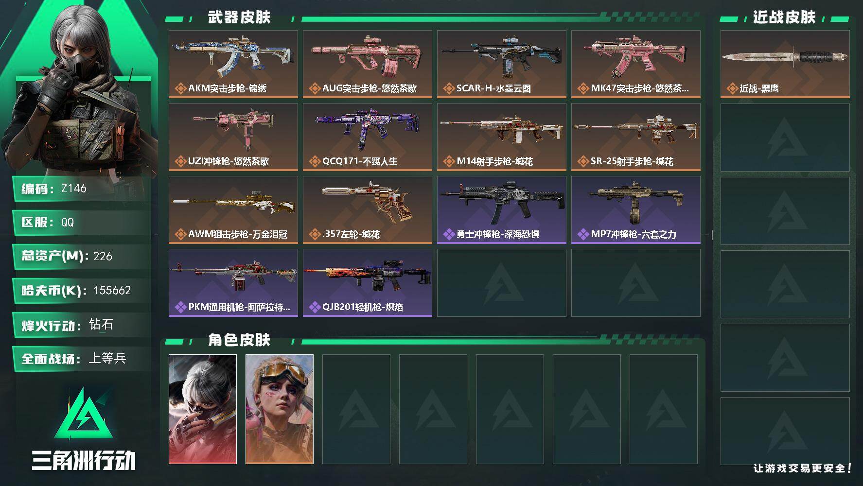 三角洲行动账号QQ【Z146】总资产226M/哈夫币15566万/传说枪皮数10/战场等级15/行动等级60/安全箱等时效性道具以游戏内数据为准，详情请看图/骇爪-水墨云图/蛊-不羁人生/近战-黑鹰/AKM突击步枪-