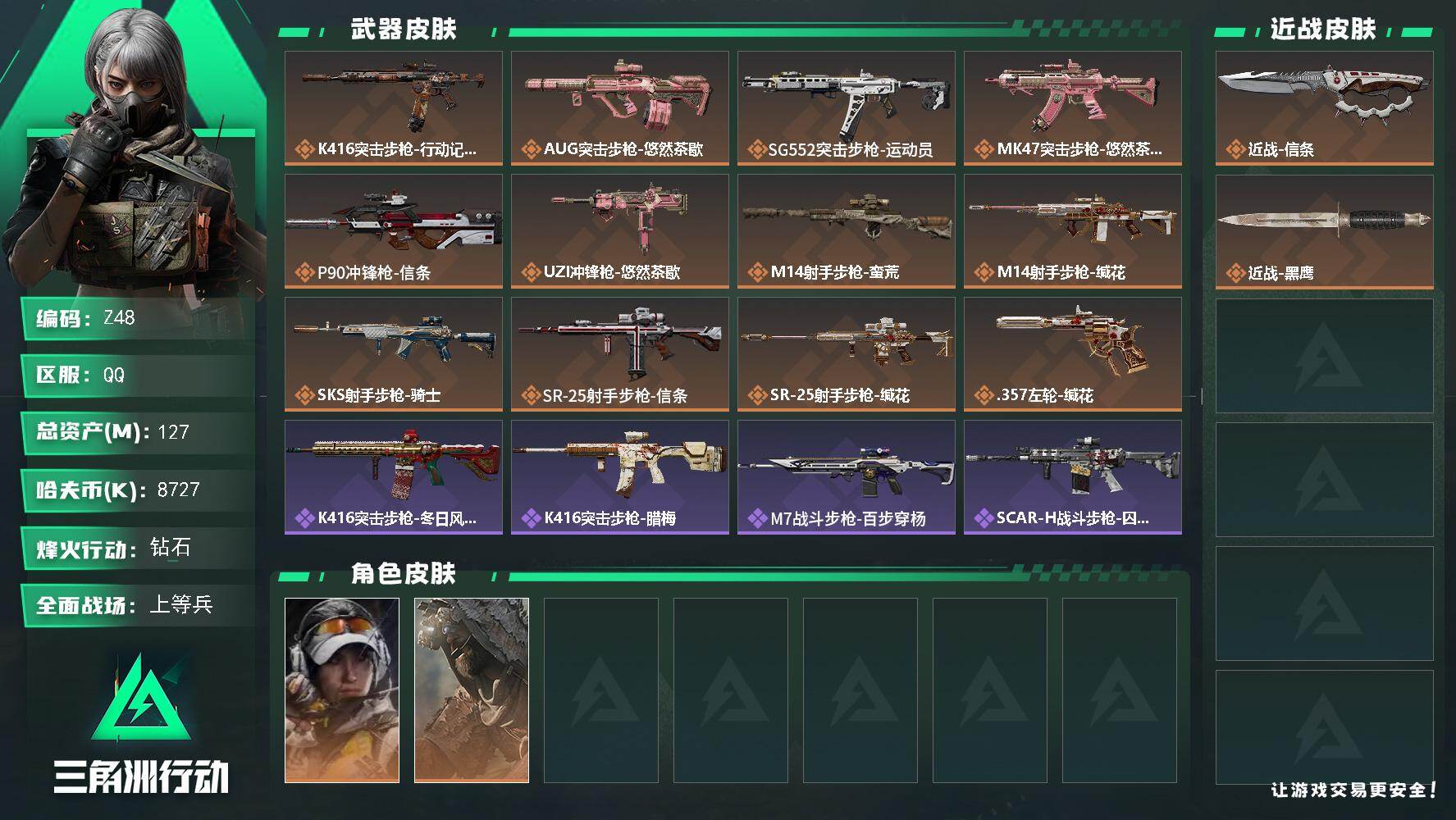 三角洲行动账号QQ【Z48】总资产127M/哈夫币872万/传说近战数1/传说枪皮数12/战场等级23/行动等级60/安全箱等时效性道具以游戏内数据为准，详情请看图/露娜-金牌射手/乌鲁鲁-荒原猎手/近战-信条/近战
