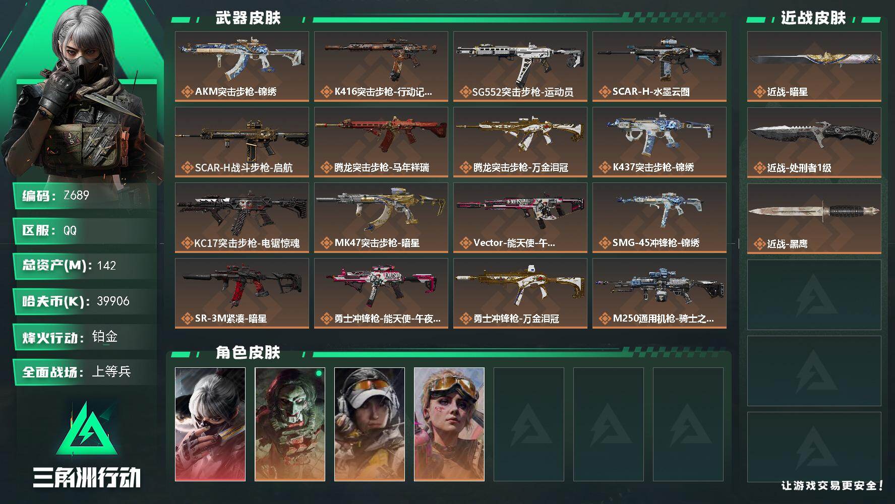 三角洲行动账号QQ【Z689】总资产142M/哈夫币3990万/传说近战数1/传说枪皮数22/战场等级30/行动等级60/安全箱等时效性道具以游戏内数据为准，详情请看图/骇爪-水墨云图/红狼-电锯惊魂/露娜-金牌射手