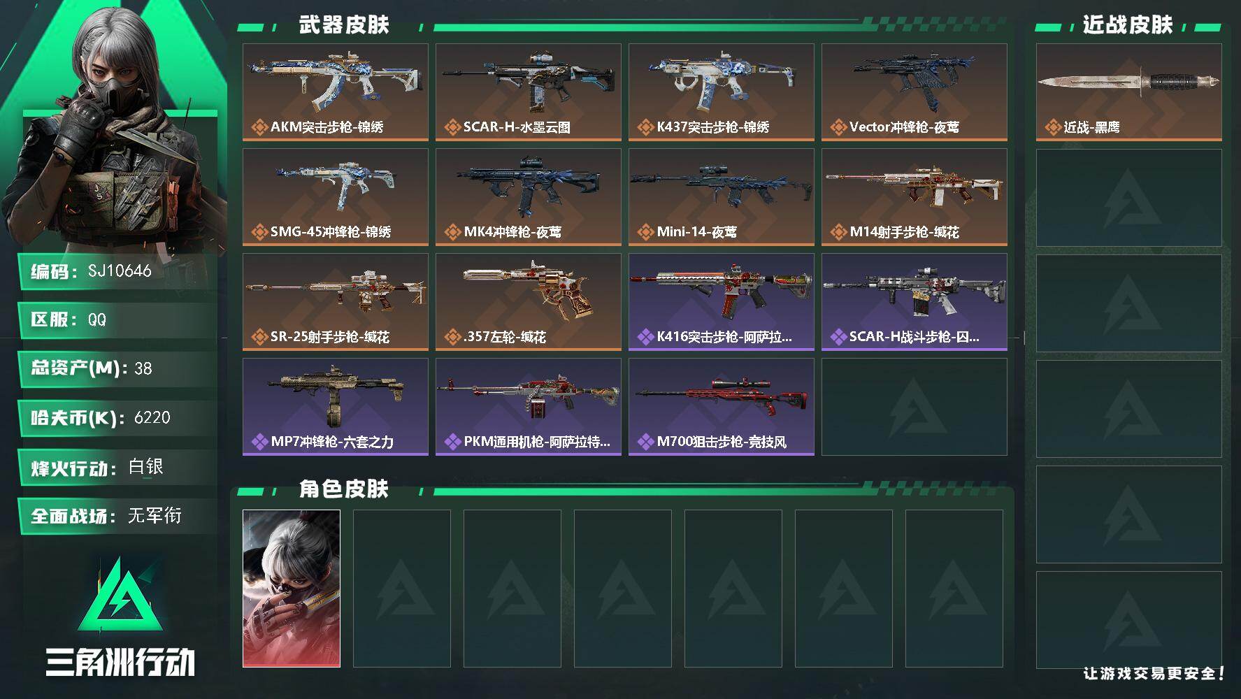 三角洲行动账号QQ【SJ10646】总资产38M/哈夫币622万/干员外观数1/传说枪皮数10/战场等级2/行动等级52/安全箱等时效性道具以游戏内数据为准，详情请看图/骇爪-水墨云图/近战-黑鹰/AKM突击步枪-锦
