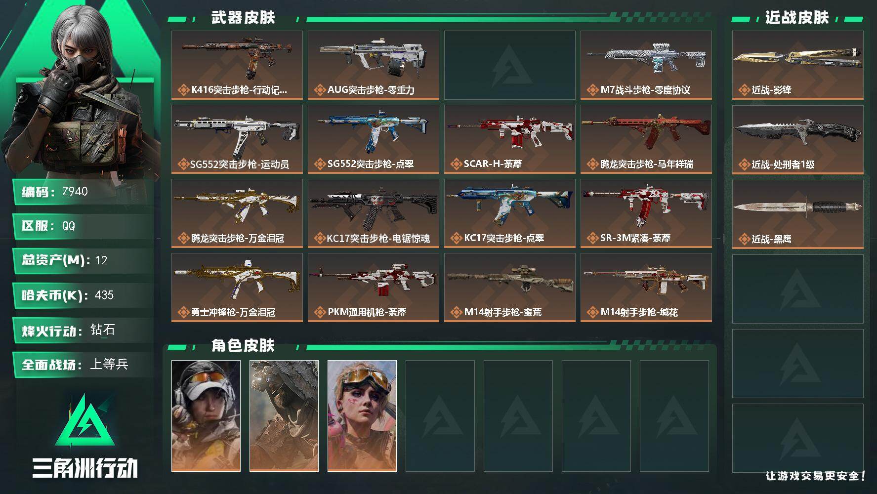 三角洲行动账号QQ【Z940】总资产12M/哈夫币43万/传说近战数2/干员外观数3/传说枪皮数22/战场等级24/行动等级60/安全箱等时效性道具以游戏内数据为准，详情请看图/露娜-金牌射手/乌鲁鲁-荒原猎手/蛊-
