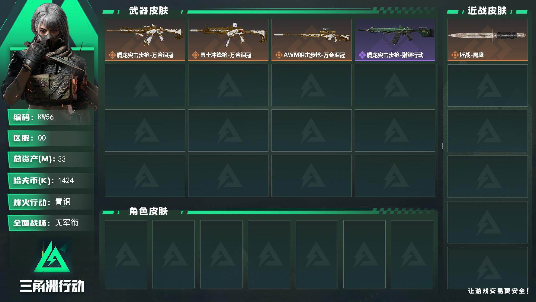 三角洲行动账号QQ【KW56】总资产33M/哈夫币142万/传说枪皮数3/战场等级1/行动等级13/安全箱等时效性道具以游戏内数据为准，详情请看图/近战-黑鹰/腾龙突击步枪-万金泪冠/勇士冲锋枪-万金泪冠/AWM狙击