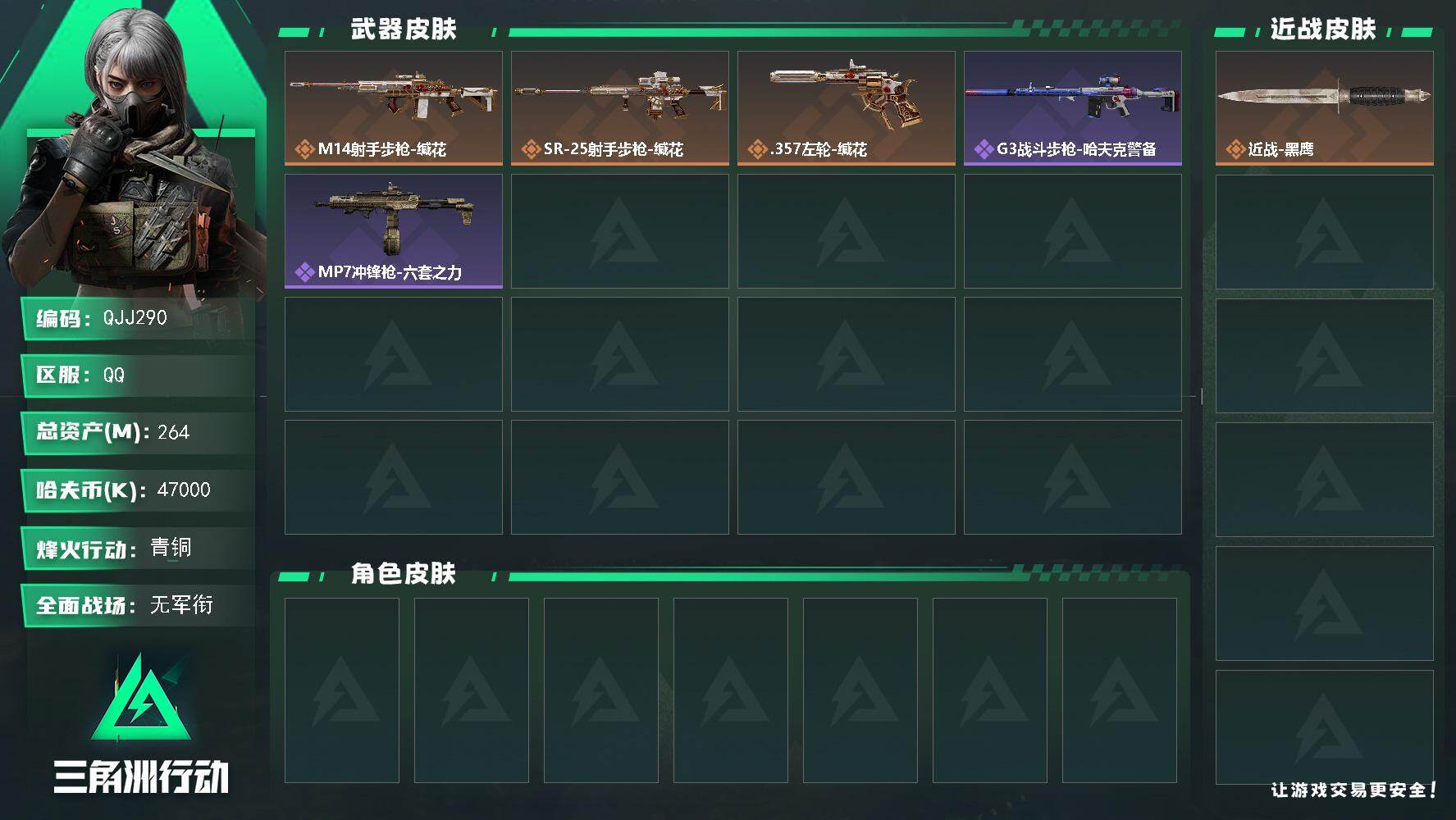 三角洲行动账号QQQJJ290/QQ区服【总资产:263M极品屯屯鼠号收藏室多大红可变现+仓库非洲之心+83发AWM子