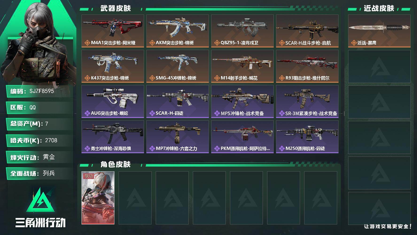 三角洲行动账号QQ【SJZF8595】总资产7M/哈夫币270万/干员外观数1/传说枪皮数8/战场等级11/行动等级38/安全箱等时效性道具以游戏内数据为准，详情请看图/骇爪-维什戴尔/近战-黑鹰/M4A1突击步枪-