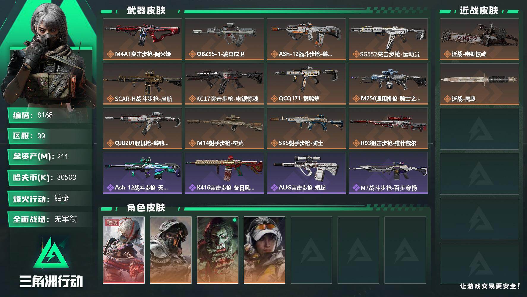 三角洲行动账号QQ【S168】总资产211M/哈夫币3050万/传说近战数1/干员外观数4/传说枪皮数12/战场等级1/行动等级60/安全箱等时效性道具以游戏内数据为准，详情请看图/骇爪-维什戴尔/深蓝-不破誓约/红
