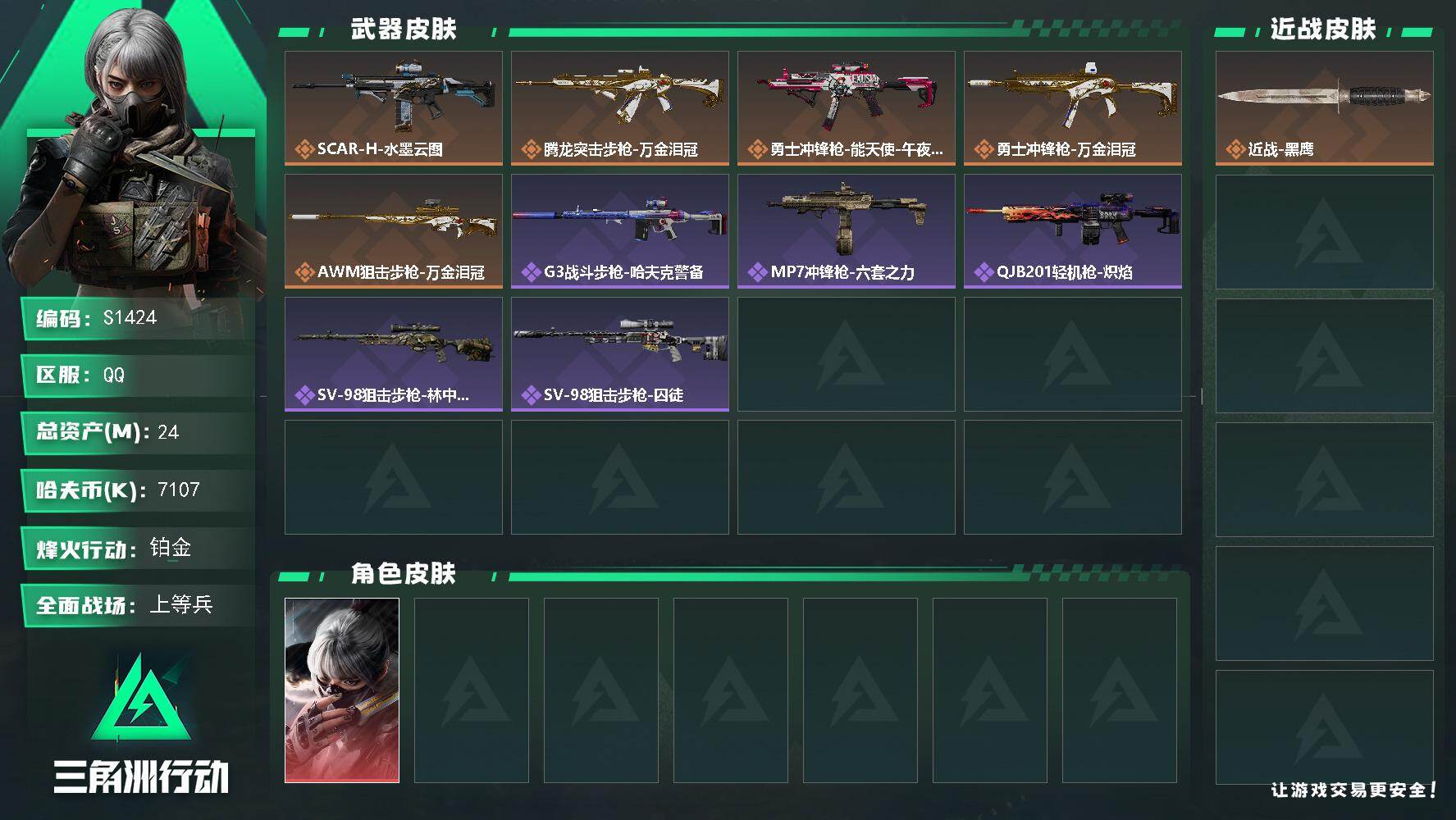 三角洲行动账号QQ【S1424】总资产24M/哈夫币710万/干员外观数1/传说枪皮数5/战场等级16/行动等级42/安全箱等时效性道具以游戏内数据为准，详情请看图/骇爪-水墨云图/近战-黑鹰/SCAR-H战斗步枪-