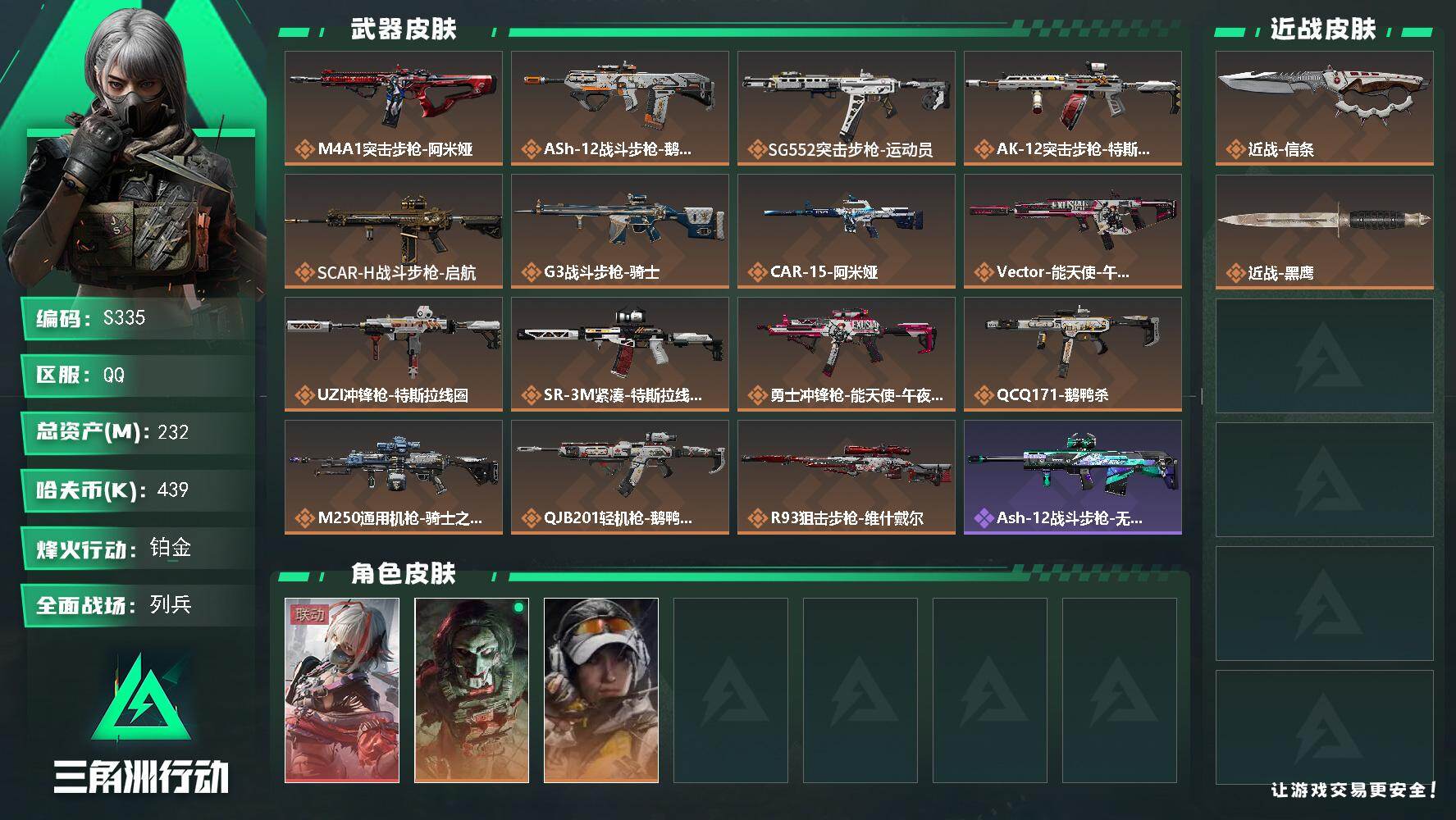 三角洲行动账号QQ【S335】总资产232M/哈夫币43万/传说近战数1/干员外观数3/传说枪皮数15/战场等级19/行动等级60/安全箱等时效性道具以游戏内数据为准，详情请看图/骇爪-维什戴尔/红狼-电锯惊魂/露娜