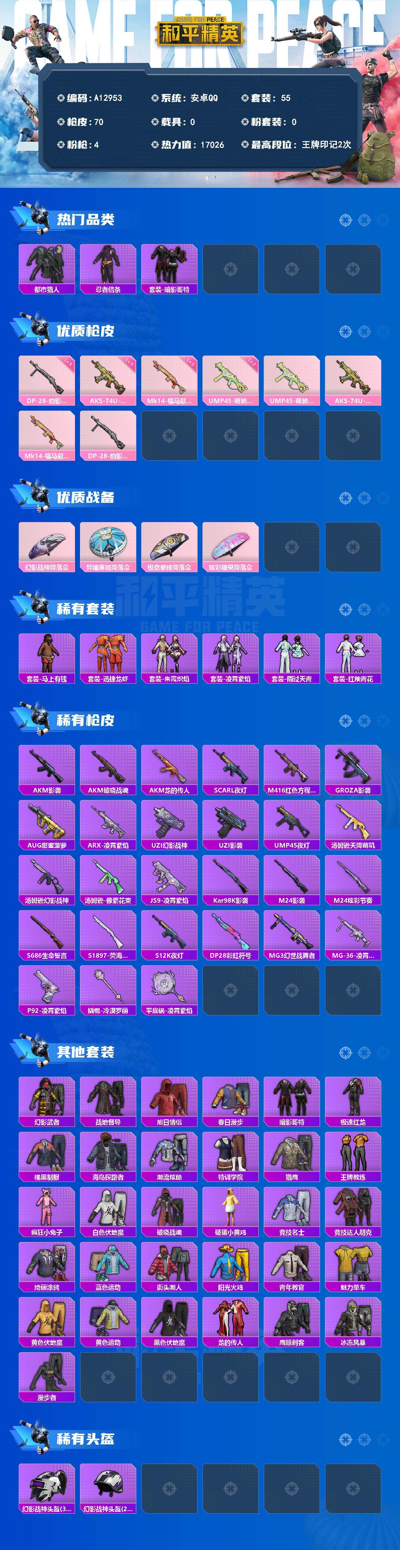 和平精英账号安卓QQ【A12953】55套装/枪械4/装备71/战备60/王牌印记2/热力值17026/二级UMP45-萌骑冒险/五级AKS-74U-森灵之息/五级Mk14-福马献瑞/五级DP-28-豹影疾电/都市猎人