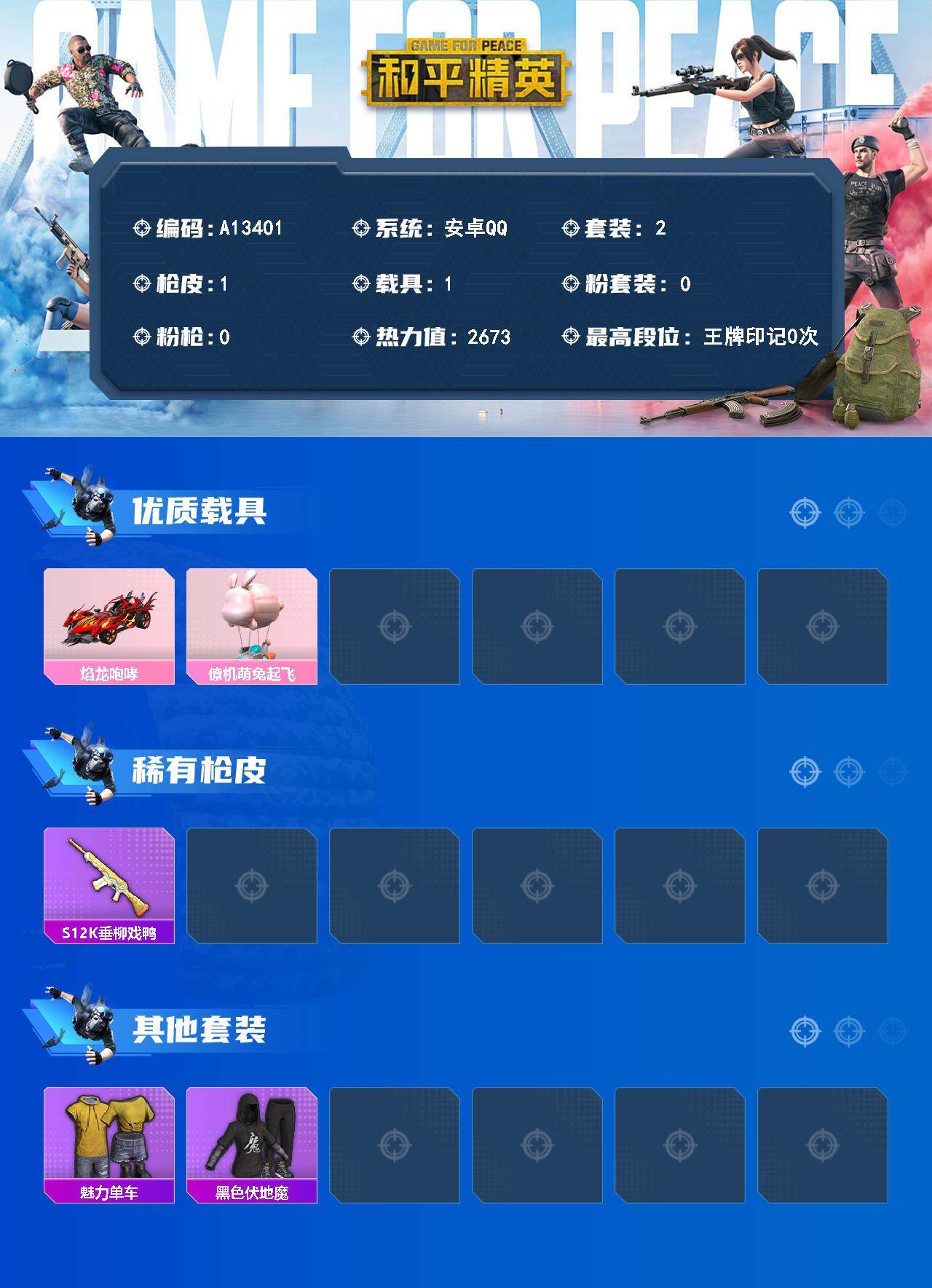 和平精英账号安卓QQ【A13401】2套装/装备4/载具1/战备13/热力值2673/焰龙咆哮/萌兔起飞/S12K-垂柳戏鸭/魅力单车/黑色伏地魔