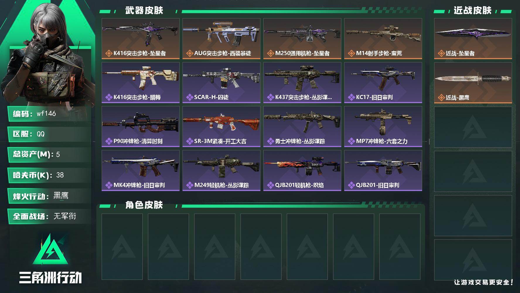 三角洲行动账号QQ【wf146】5m总资产-38k哈夫币-48烽火等级-黑鹰-1战场等级-无军衔
【近战皮肤】：近战-
