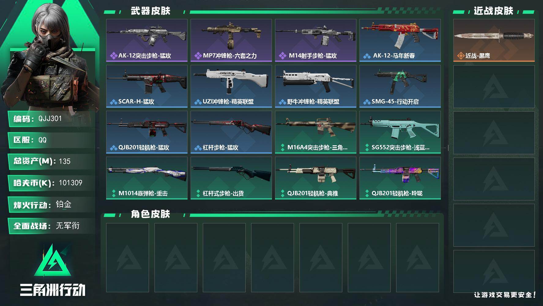 三角洲行动账号QQQJJ301/QQ区服/0封禁【总资产:135M/6体力4负重高纯币精品小号】/烽火等级:60级/全