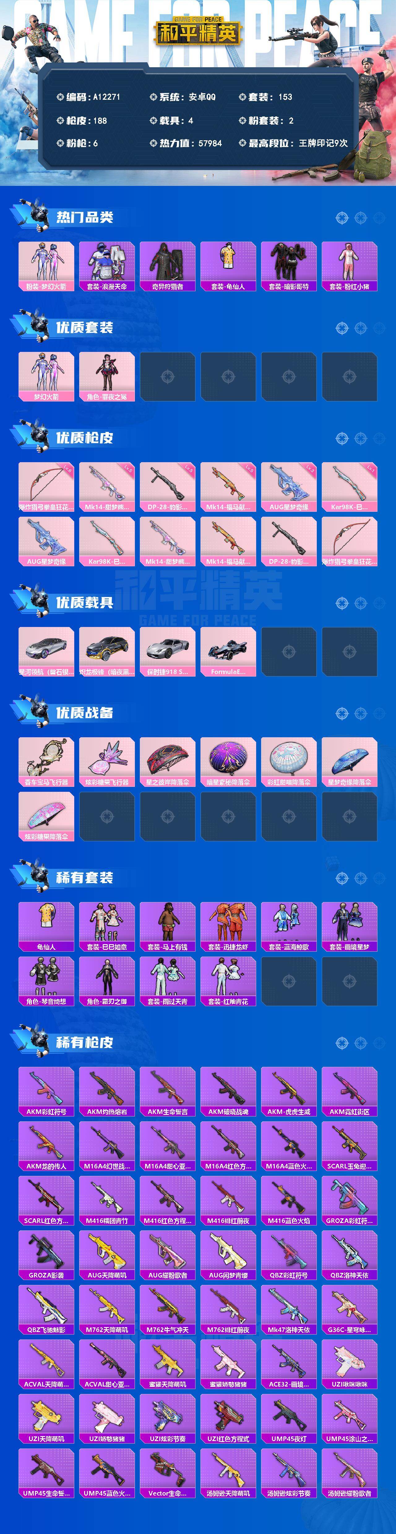 和平精英账号安卓QQ【A12271】153套装/枪械6/装备188/载具4/战备122/王牌印记9/热力值57984/三级AUG-星梦奇缘/一级Kar98K-巳巳如意/五级Mk14-甜梦熊击/五级Mk14-福马献瑞/五