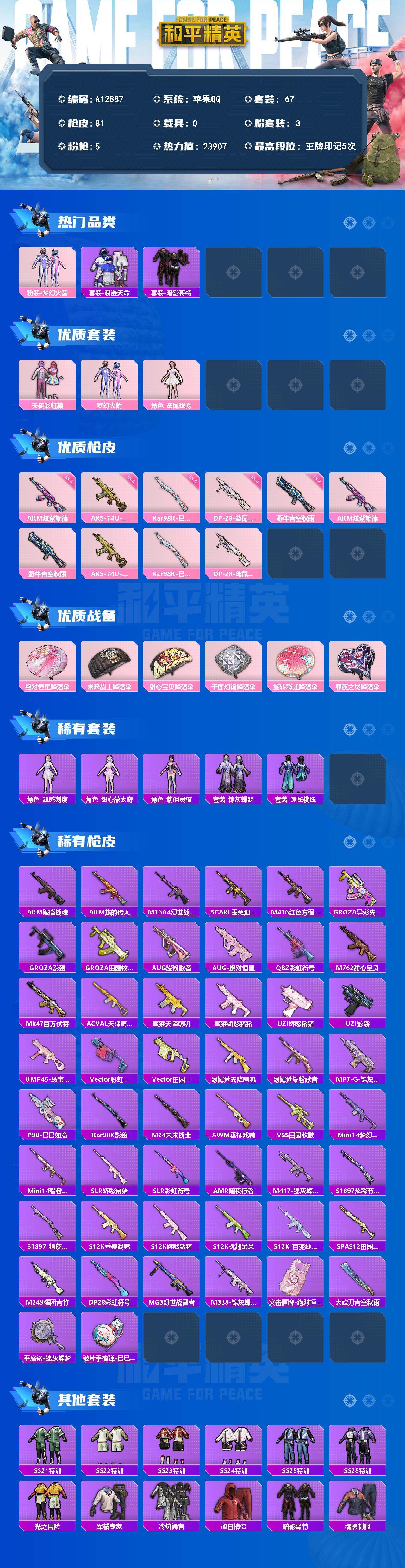 和平精英账号苹果QQ【A12887】67套装/枪械5/装备88/战备52/王牌印记5/热力值23907/五级AKM-炫紫旋律/二级野牛-青空秋雨/五级AKS-74U-森灵之息/四级Kar98K-巳巳如意/三级DP-28