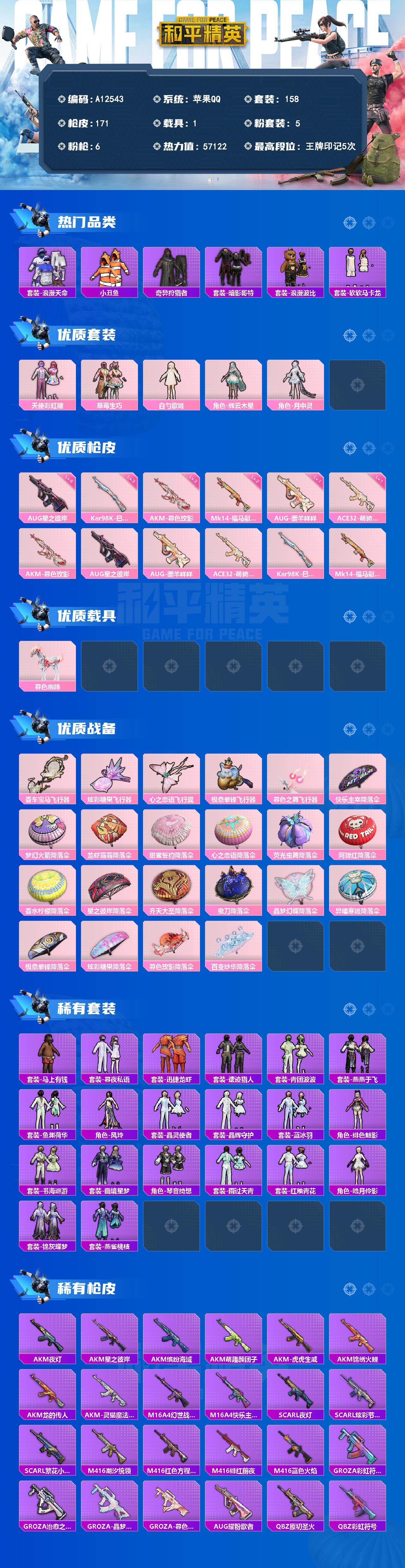 和平精英账号苹果QQ【A12543】158套装/枪械6/装备238/载具1/战备118/王牌印记5/热力值57122/三级AKM-暮色玫影/六级AUG-星之彼岸/一级AUG-暖羊咩咩/一级ACE32-萌骑漫游/三级Ka