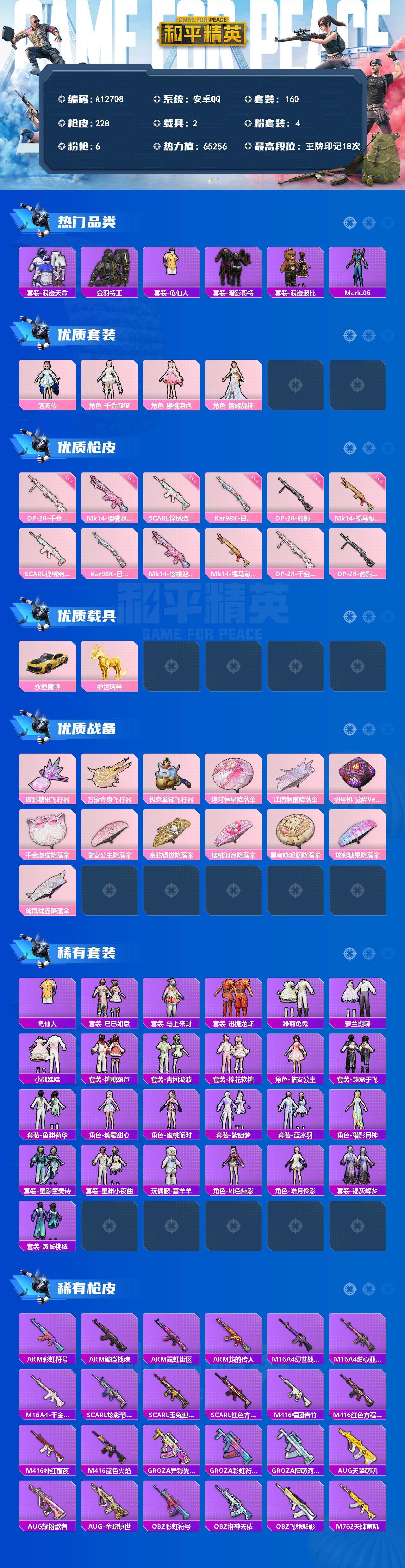 和平精英账号安卓QQ【A12708】160套装/枪械6/装备276/载具2/战备162/王牌印记18/热力值65256/五级SCAR-L-锦绣绵绵/五级Kar98K-巳巳如意/七级Mk14-樱桃泡泡/五级Mk14-福马