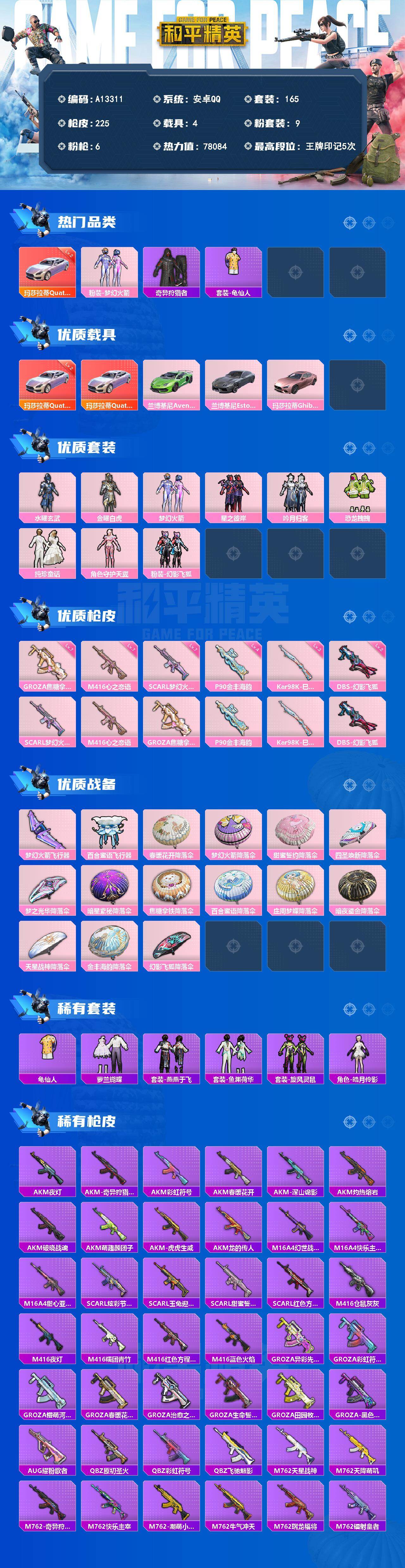 和平精英账号安卓QQ【A13311】165套装/枪械6/装备236/载具4/战备151/王牌印记5/热力值78084/七级SCAR-L-梦幻火箭/七级M416-心之恋语/七级GROZA-焦糖拿铁/四级P90-金丰海韵/