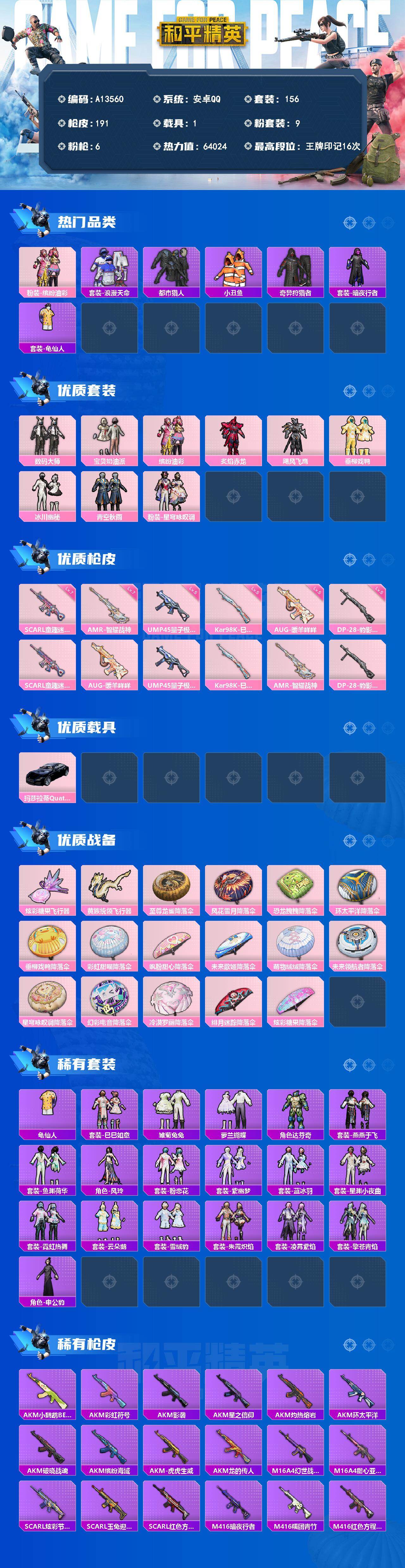 和平精英账号安卓QQ【A13560】156套装/枪械6/装备232/载具1/战备148/王牌印记16/热力值64024/七级SCAR-L-童趣迷兔/五级AUG-暖羊咩咩/五级UMP45-量子极限/五级Kar98K-巳巳