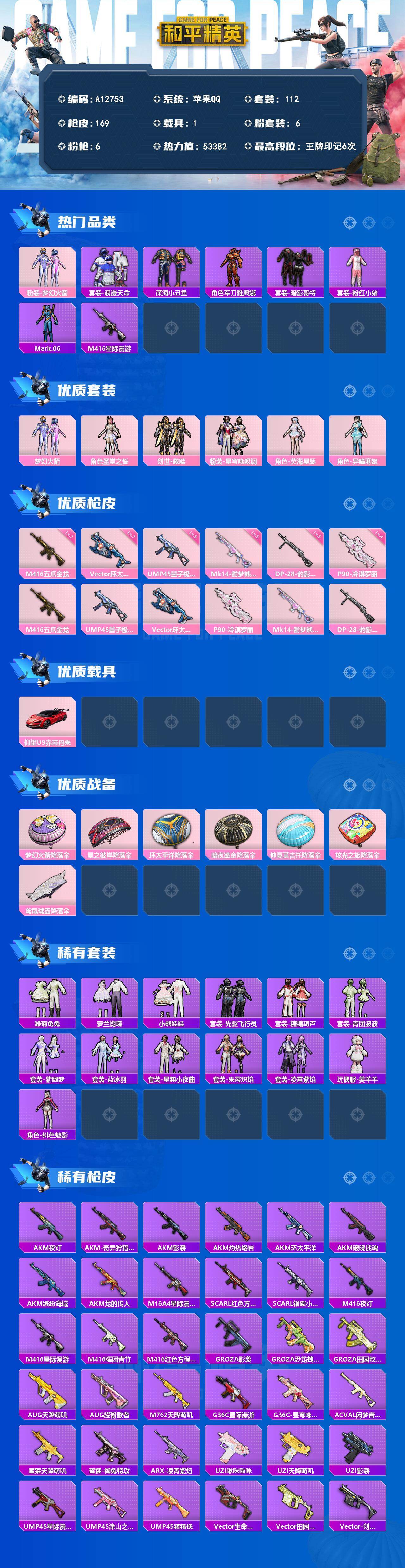 和平精英账号苹果QQ【A12753】112套装/枪械6/装备207/载具1/战备96/王牌印记6/热力值53382/七级M416-五爪金龙/五级UMP45-量子极限/七级Vector-环太平洋/四级P90-冷漠罗丽/五