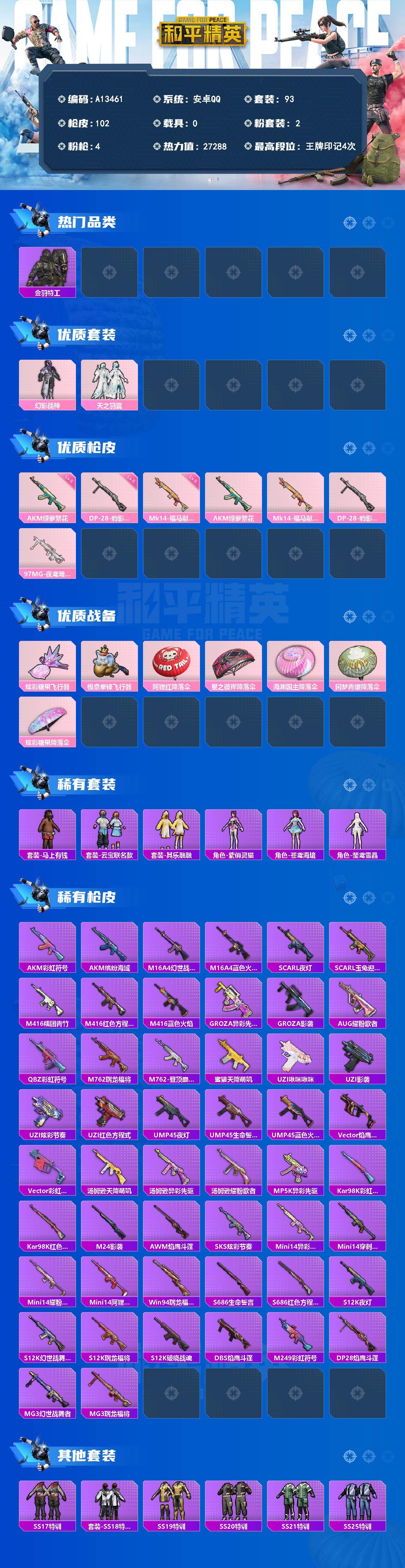 和平精英账号安卓QQ【A13461】93套装/枪械4/装备98/战备59/王牌印记4/热力值27288/五级AKM-绿萝繁花/五级Mk14-福马献瑞/五级DP-28-豹影疾电/金羽特工/幻影战神/天之羽翼/AKM-绿萝