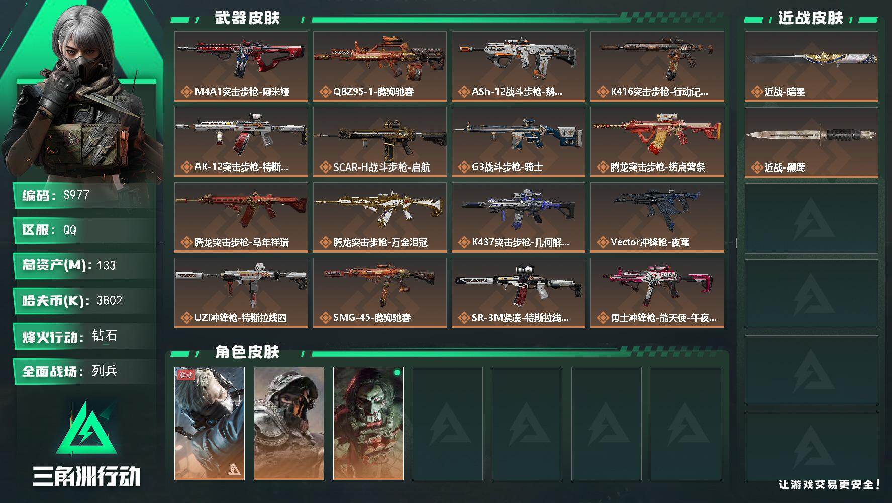 三角洲行动账号QQ【S977】总资产133M/哈夫币380万/传说近战数1/干员外观数3/传说枪皮数29/战场等级13/行动等级60/安全箱等时效性道具以游戏内数据为准，详情请看图/蜂医-送葬人·无题密令/深蓝-不破
