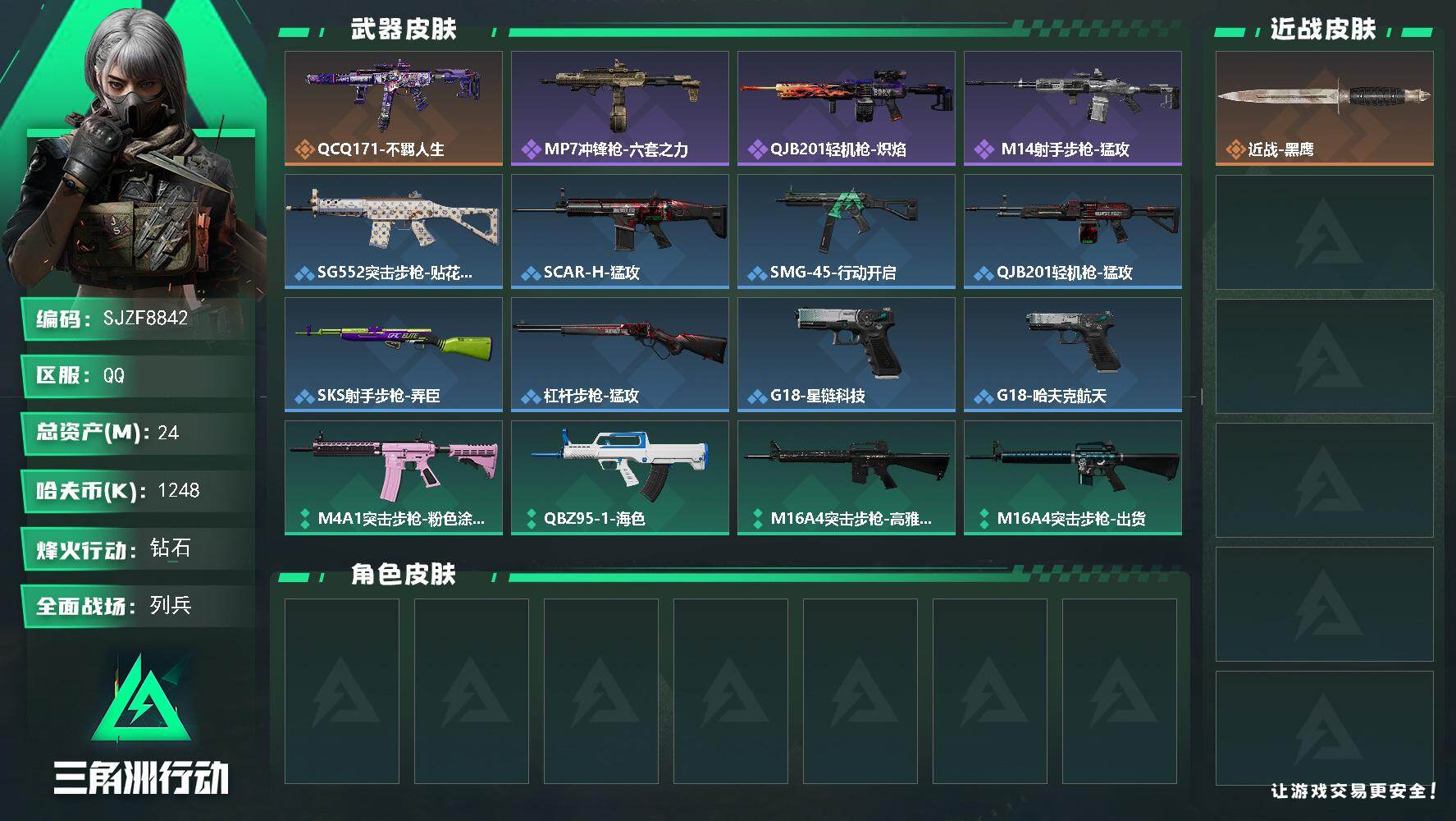 三角洲行动账号QQ【SJZF8842】总资产24M/哈夫币124万/传说枪皮数1/战场等级8/行动等级37/安全箱等时效性道具以游戏内数据为准，详情请看图/近战-黑鹰/QCQ171冲锋枪-不羁人生/MP7冲锋枪-六套