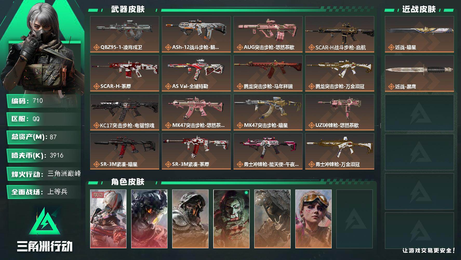 三角洲行动账号QQ【LX52790 秒换绑+追封包赔+包人脸】【总资产：87.3m，流动资产：31.2m-2干员红皮：骇爪-维什戴尔，威龙-凌霄戍卫-刀皮：暗星】
满体满负-60烽火等级-三角洲巅峰-33战场等级-上等