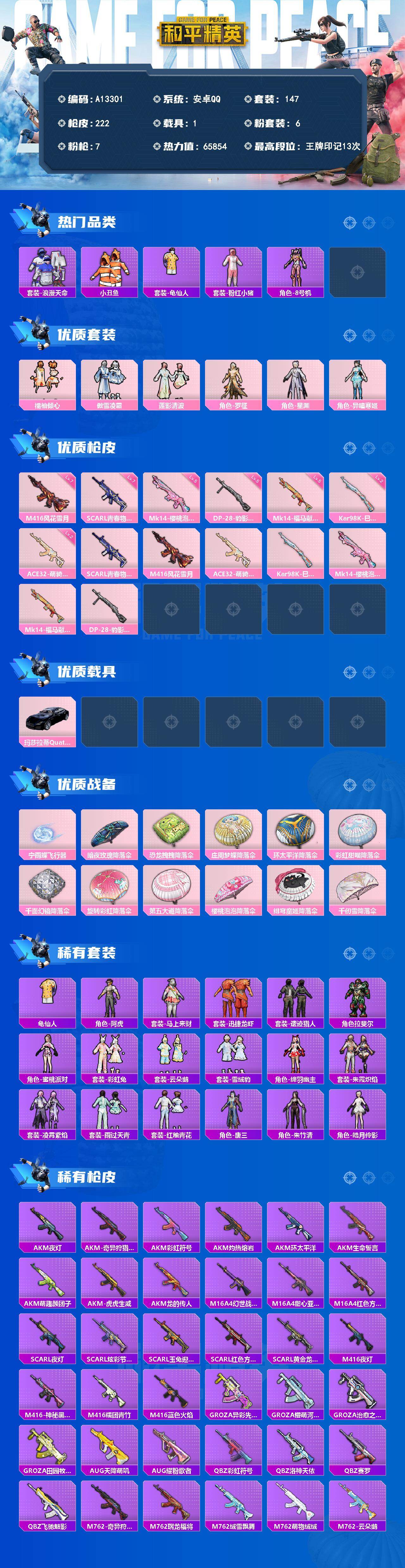 和平精英账号安卓QQ【A13301】147套装/枪械7/装备244/载具1/战备132/王牌印记13/热力值65854/七级SCAR-L-青春物语/七级M416-风花雪月/二级ACE32-萌骑漫游/二级Kar98K-巳