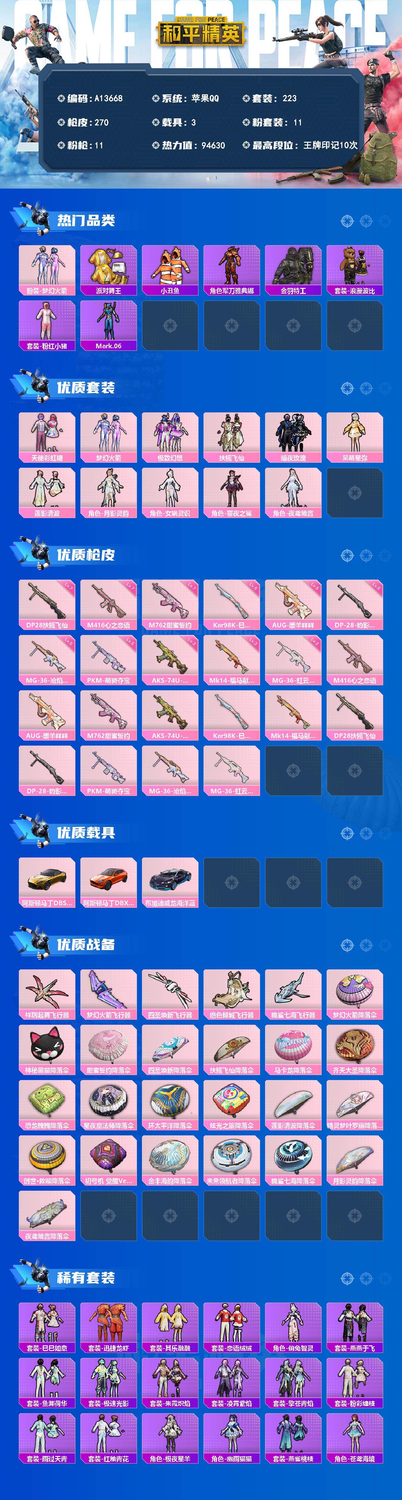 和平精英账号苹果QQ【A13668】223套装/枪械11/装备330/载具3/战备176/王牌印记10/热力值94630/七级M416-心之恋语/五级AUG-暖羊咩咩/七级M762-甜蜜誓约/三级AKS-74U-森灵之