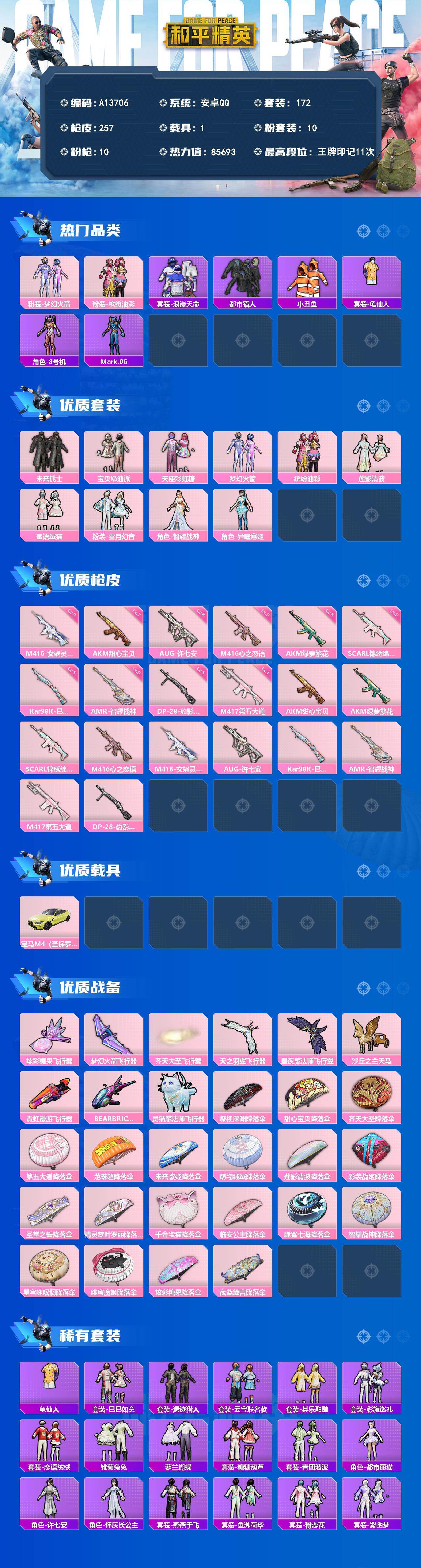 和平精英账号安卓QQ【A13706】172套装/枪械10/装备359/载具1/战备171/王牌印记11/热力值85693/七级AKM-甜心宝贝/五级AKM-绿萝繁花/五级SCAR-L-锦绣绵绵/五级M416-心之恋语/