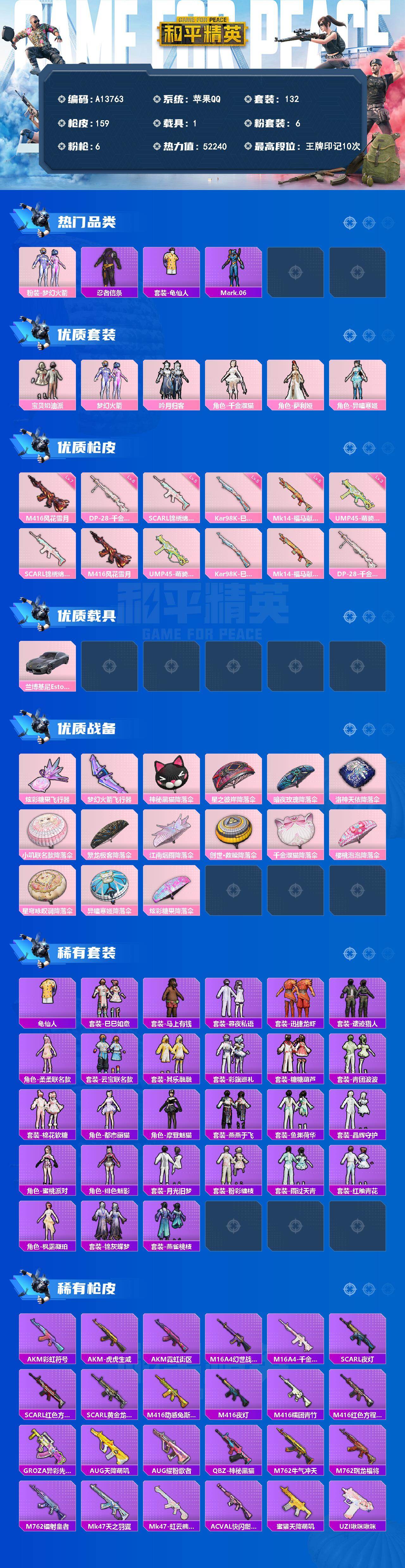 和平精英账号苹果QQ【A13763】132套装/枪械6/装备218/载具1/战备133/王牌印记10/热力值52240/五级SCAR-L-锦绣绵绵/七级M416-风花雪月/三级UMP45-萌骑冒险/五级Kar98K-巳