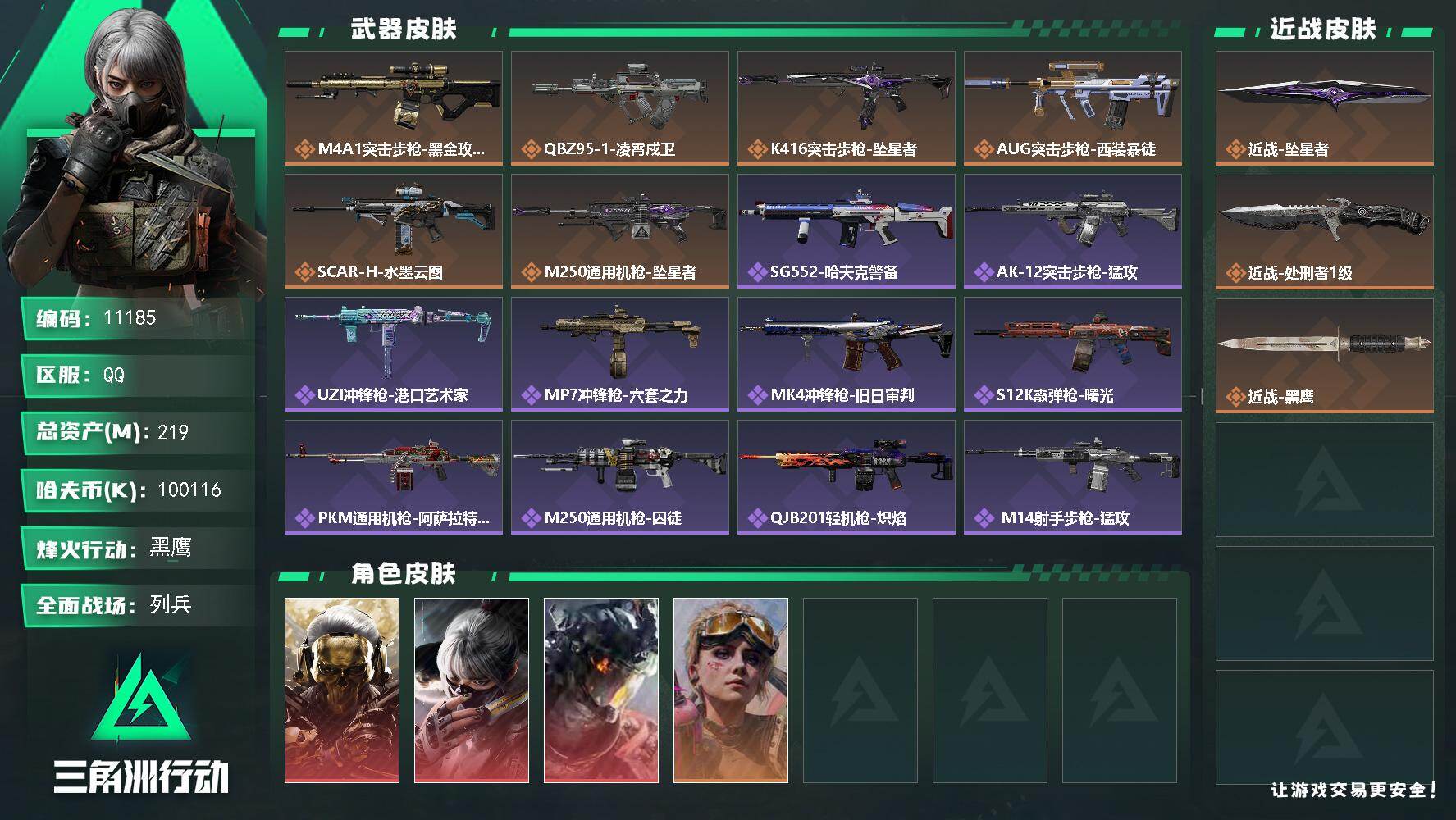 三角洲行动账号QQ【11185】219m总资产-k哈夫币-60烽火等级-黑鹰-13战场等级-列兵
【干员外观】：红狼-蚀金玫瑰，骇爪-水墨云图，威龙-凌霄戍卫，蛊-不羁人生
【近战皮肤】：近战-坠星者，近战-处刑者1级
