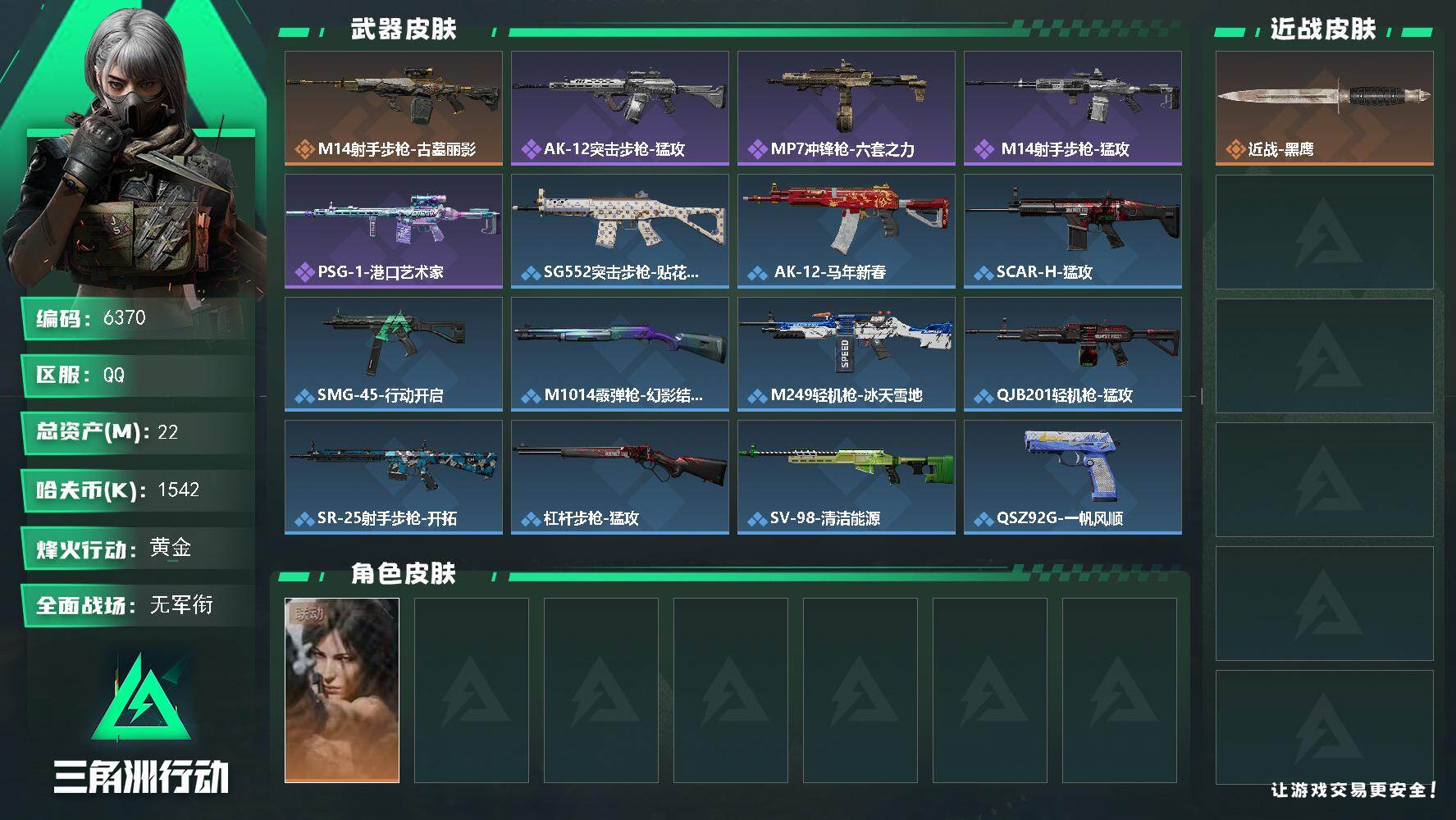 三角洲行动账号QQPX_2622194-22m总资产-1542k哈夫币-60烽火等级-黄金-1战场等级-无军衔
【干员外观】：露娜-劳拉·克劳馥
【近战皮肤】：近战-黑鹰
【传说外观】：M14射手步枪-古墓丽