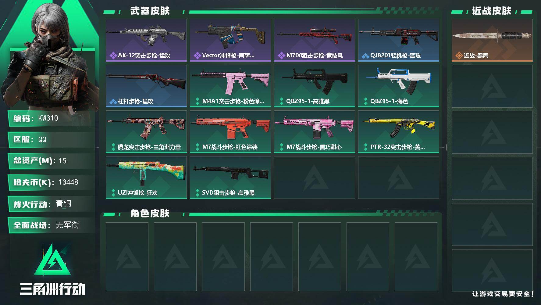 三角洲行动账号QQ【KW310】总资产15M/哈夫币1344万/战场等级1/行动等级14/安全箱等时效性道具以游戏内数据为准，详情请看图/近战-黑鹰/AK-12突击步枪-猛攻/Vector冲锋枪-阿萨拉文明/M700