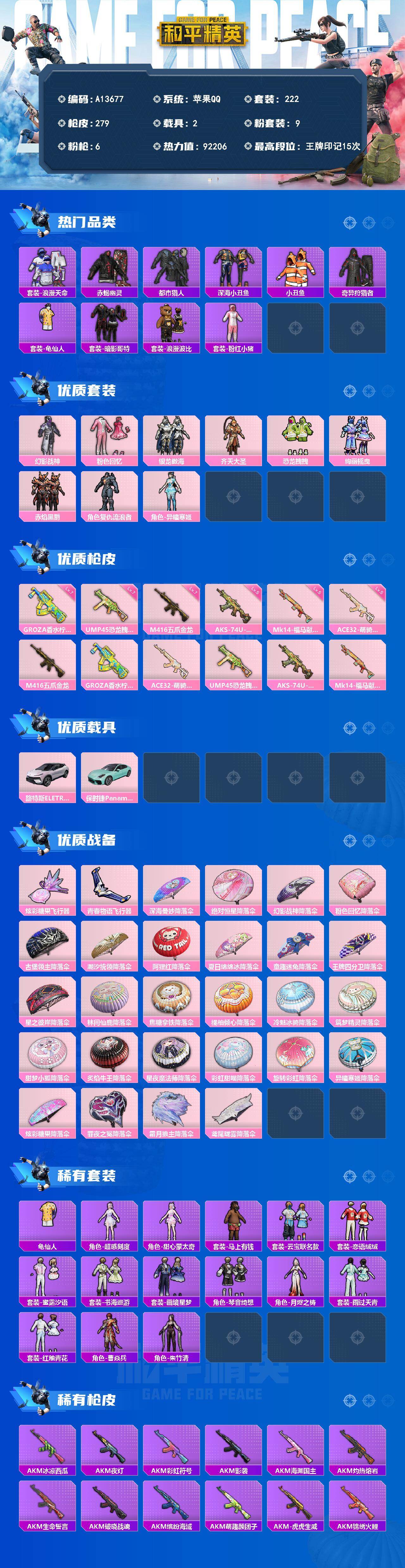 和平精英账号苹果QQ【A13677】222套装/枪械6/装备387/载具2/战备209/王牌印记15/热力值92206/七级M416-五爪金龙/七级GROZA-香水柠檬/五级ACE32-萌骑漫游/七级UMP45-恐龙拽