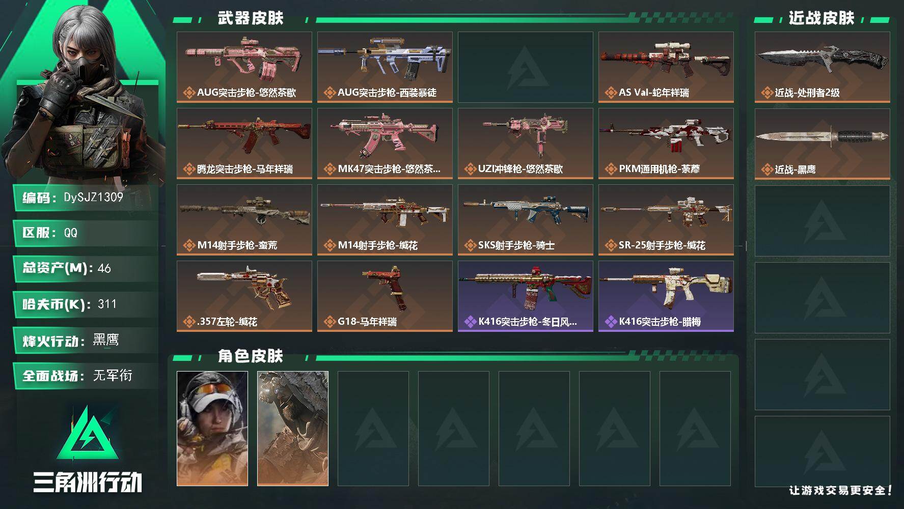 三角洲行动账号QQ46m总资产-311k哈夫币-60烽火等级-黑鹰-1战场等级-无军衔
【干员外观】：露娜-金牌射手，乌鲁鲁-荒原猎手
【近战皮肤】：近战-处刑者2级，近战-黑鹰
【传说外观】：AUG突击步枪-悠然茶