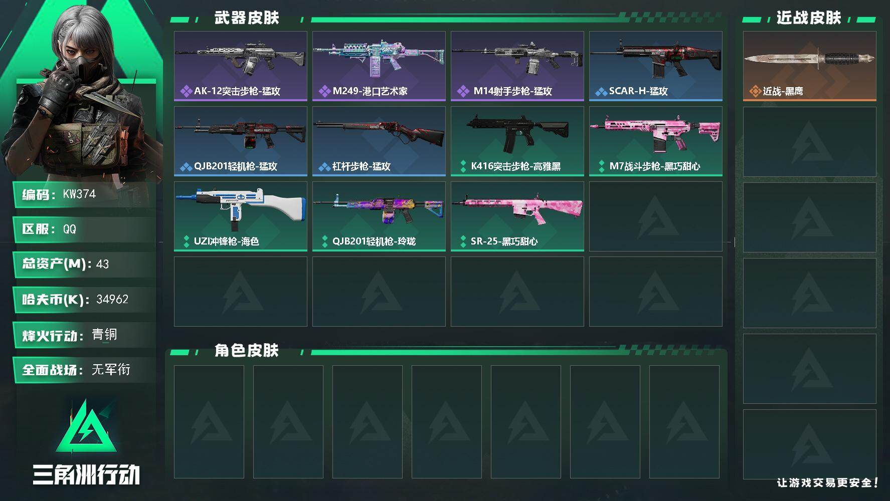 三角洲行动账号QQ【KW374】总资产43M/哈夫币3496万/战场等级1/行动等级33/安全箱等时效性道具以游戏内数据为准，详情请看图/近战-黑鹰/AK-12突击步枪-猛攻/M249轻机枪-港口艺术家/ M14射手