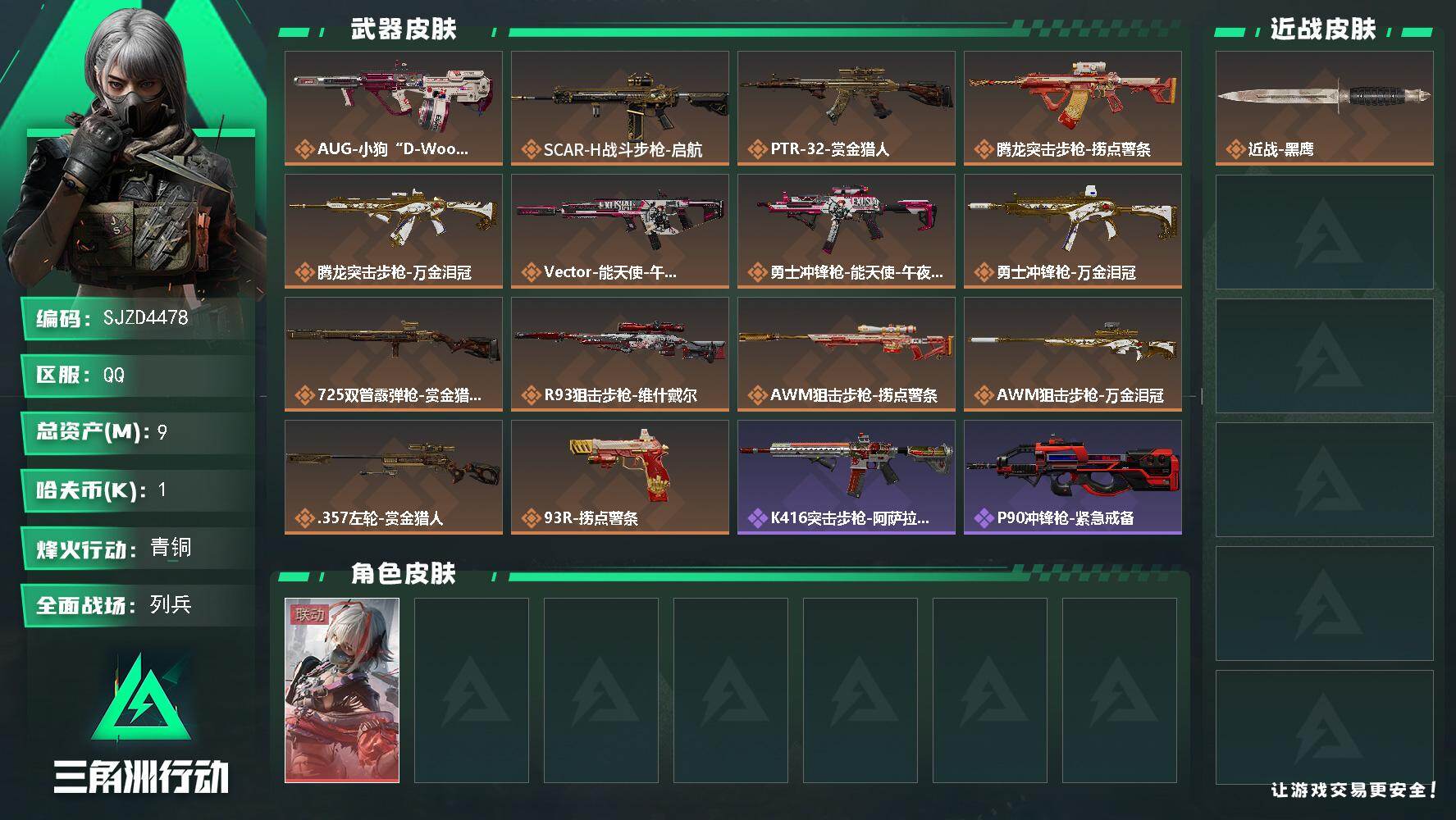 三角洲行动账号QQ【SJZD4478】总资产9M/哈夫币0万/干员外观数1/传说枪皮数14/战场等级15/行动等级60/安全箱等时效性道具以游戏内数据为准，详情请看图/骇爪-维什戴尔/近战-黑鹰/AUG突击步枪-小狗
