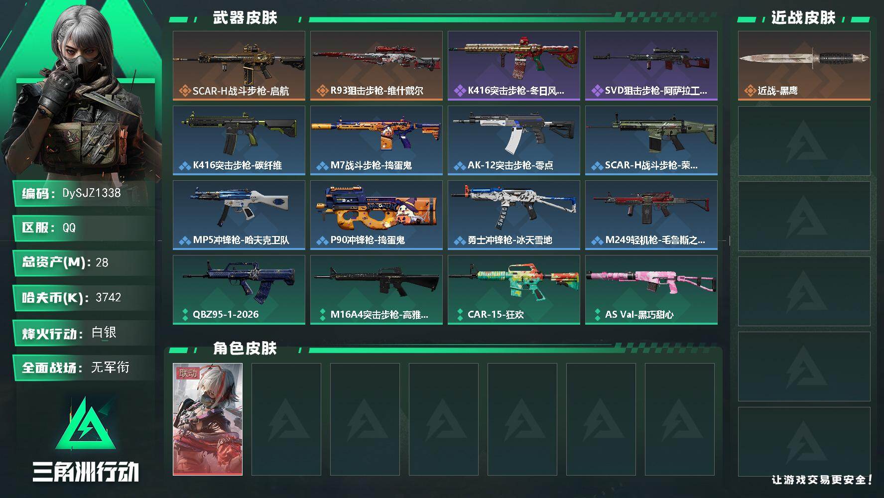 三角洲行动账号QQ28m总资产-3742k哈夫币-20烽火等级-白银-1战场等级-无军衔
【干员外观】：骇爪-维什戴尔
【近战皮肤】：近战-黑鹰
【传说外观】：SCAR-H战斗步枪-启航，R93狙击步枪-维什戴尔
【