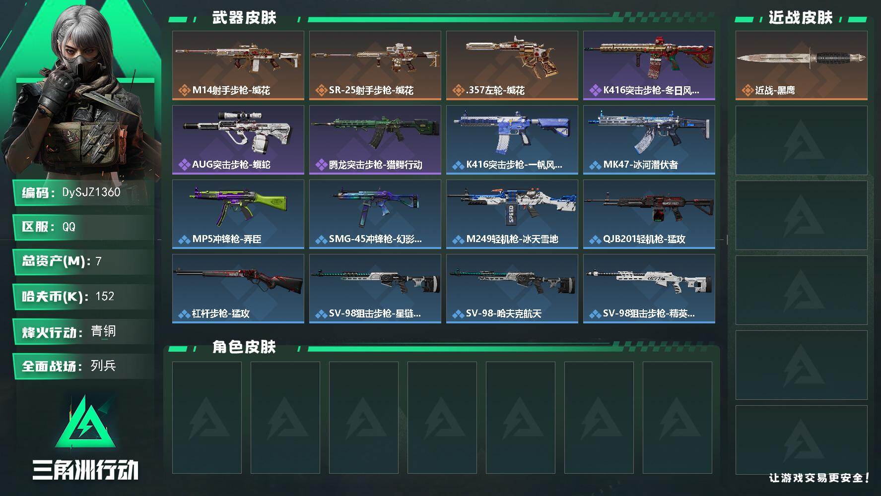 三角洲行动账号QQ7m总资产-152k哈夫币-42烽火等级-青铜-11战场等级-列兵
【近战皮肤】：近战-黑鹰
【传说外观】：M14射手步枪-缄花，SR-25射手步枪-缄花，.357左轮-缄花
【史诗外观】：K416